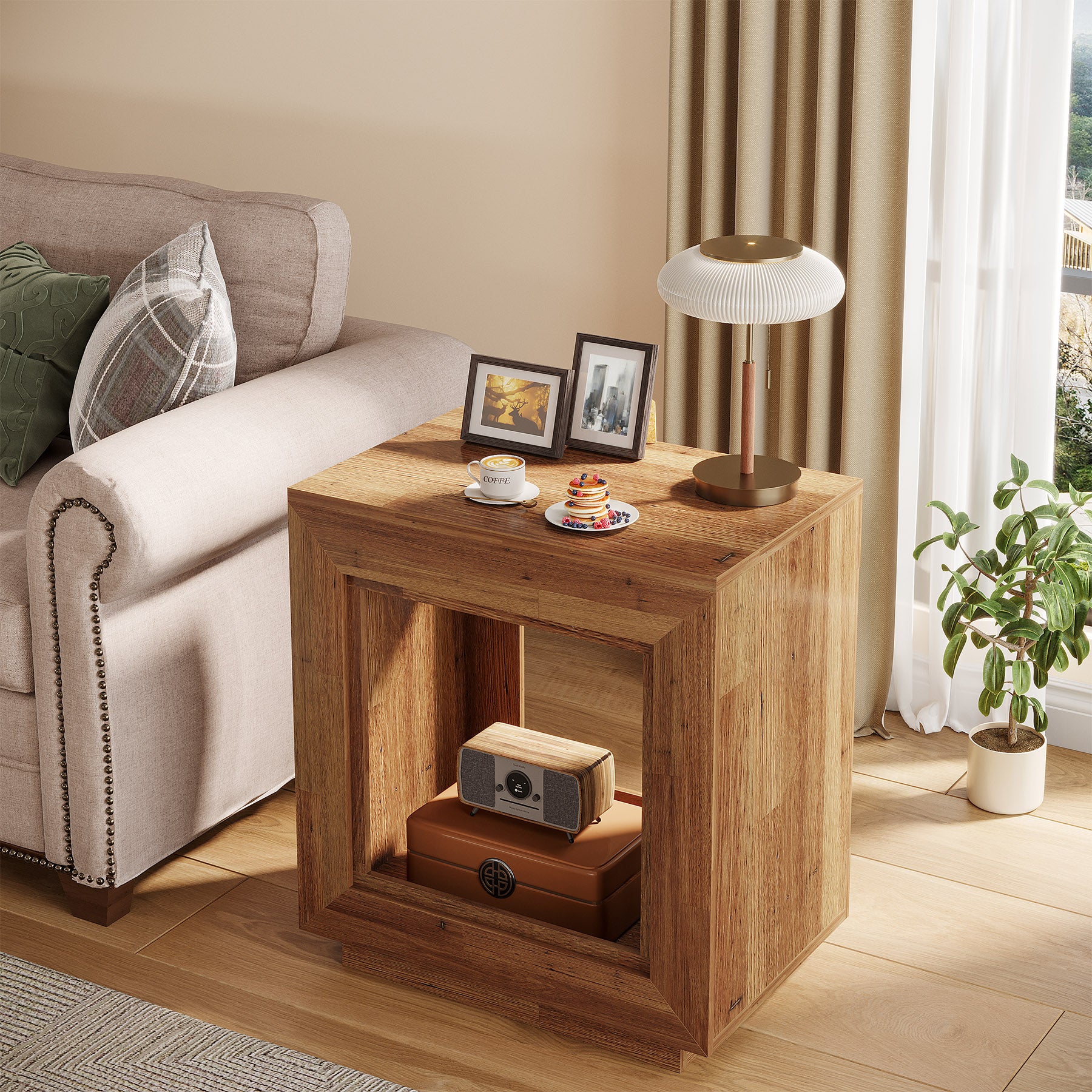 Wood End Table, Square Side Table Nightstands with Storage