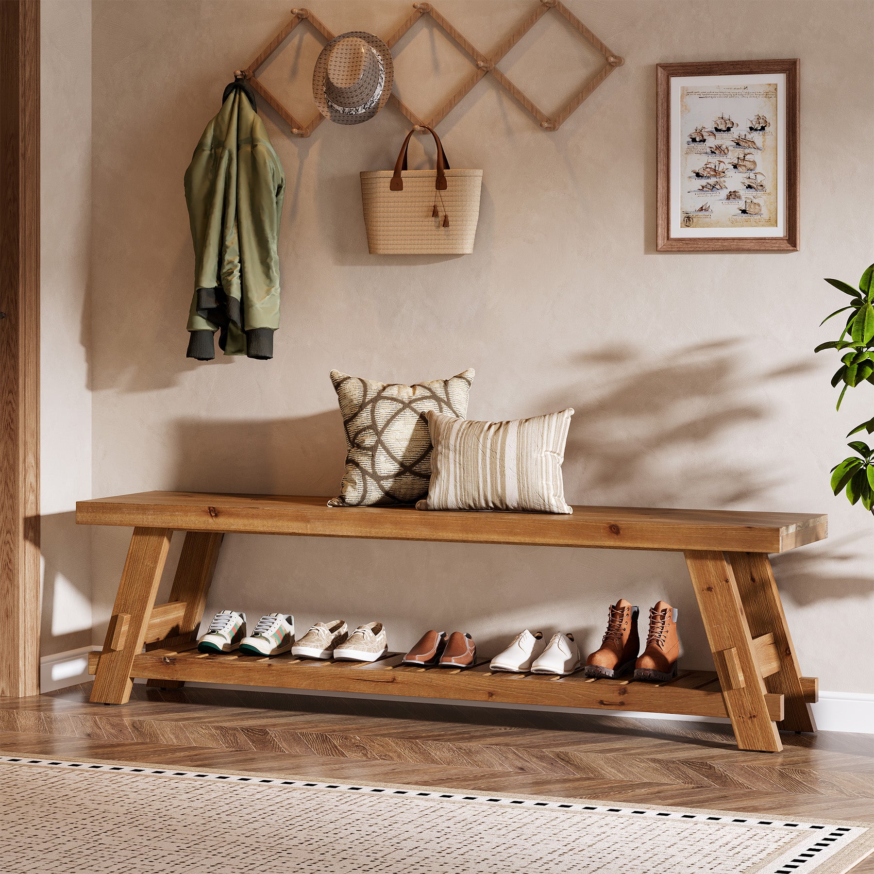 63" Solid Wood Shoe Bench, 2-Tier Entryway Bench with Storage Shelf
