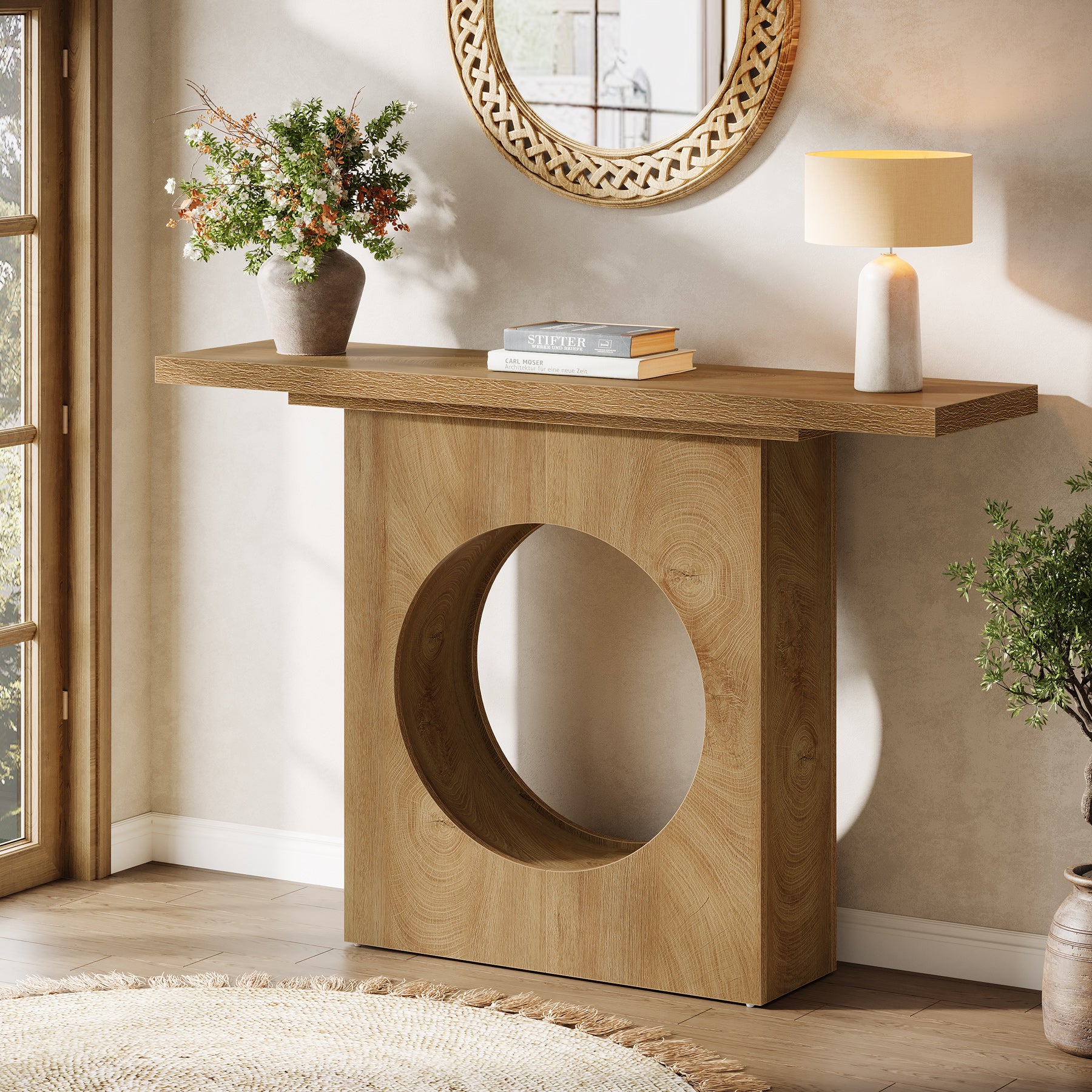 41.3" Narrow Farmhouse Console Table with Round Cutout Design, Slim Entryway Sofa Table