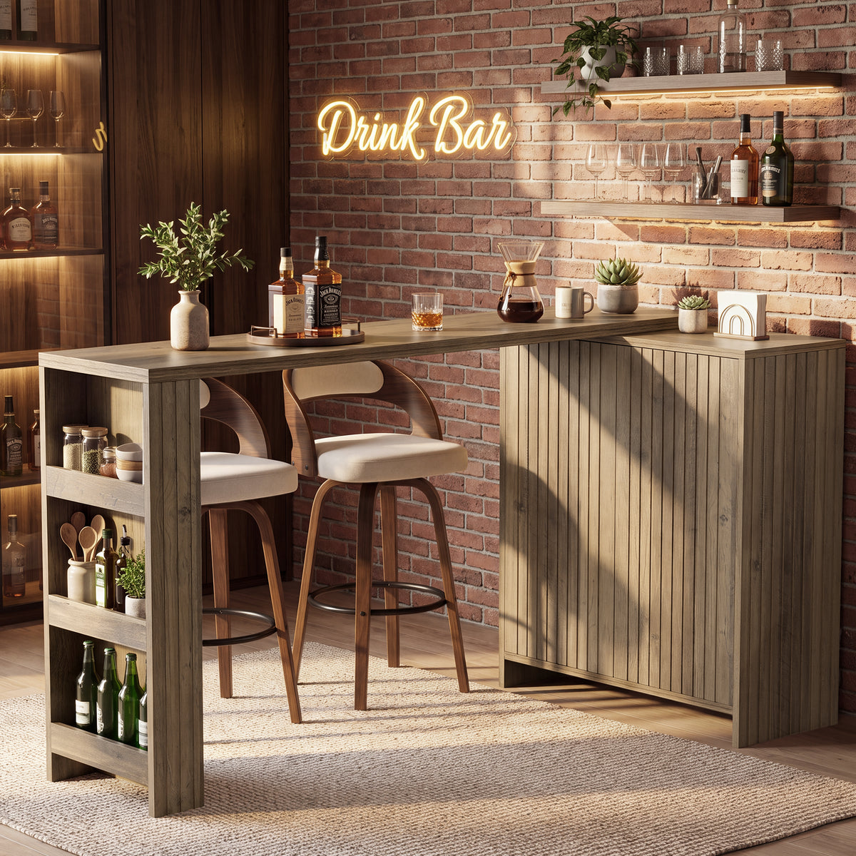 L-Shaped Bar Table, Counter Height Table with Cabinet & Open Shelves for Kitchen, Dining Room
