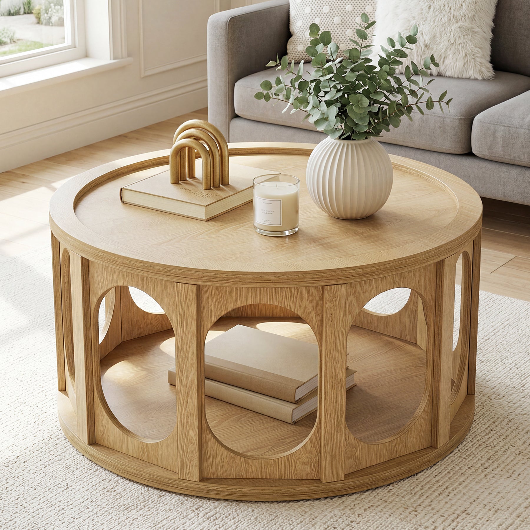 Round Coffee Table with Tray-Style Top