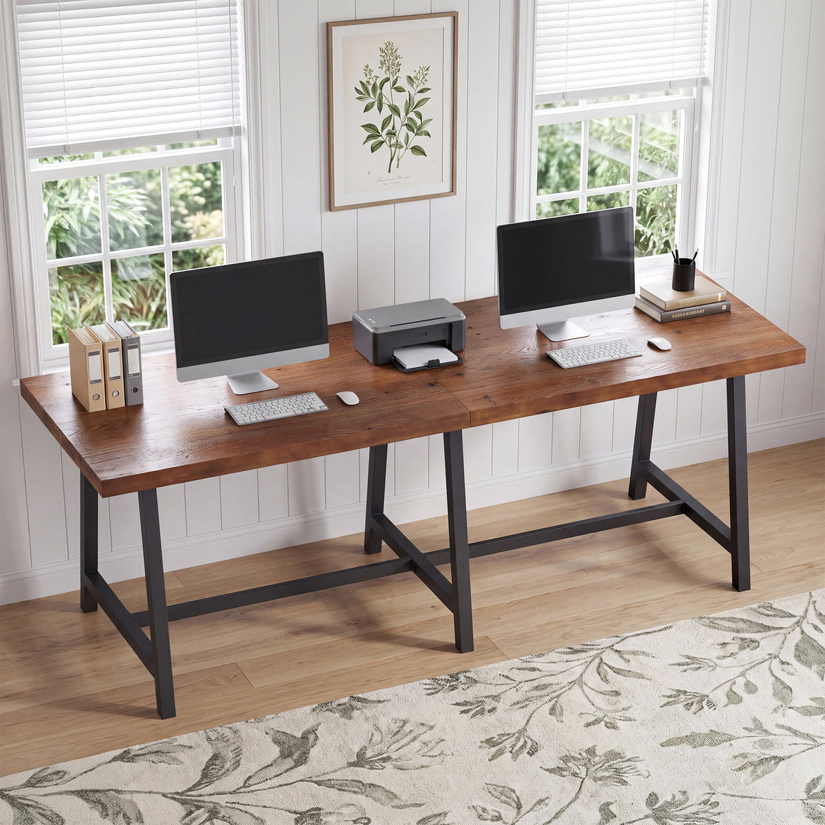 78.74" Solid Wood Two-Person Desk, Industrial Computer Executive Desk with Metal Legs