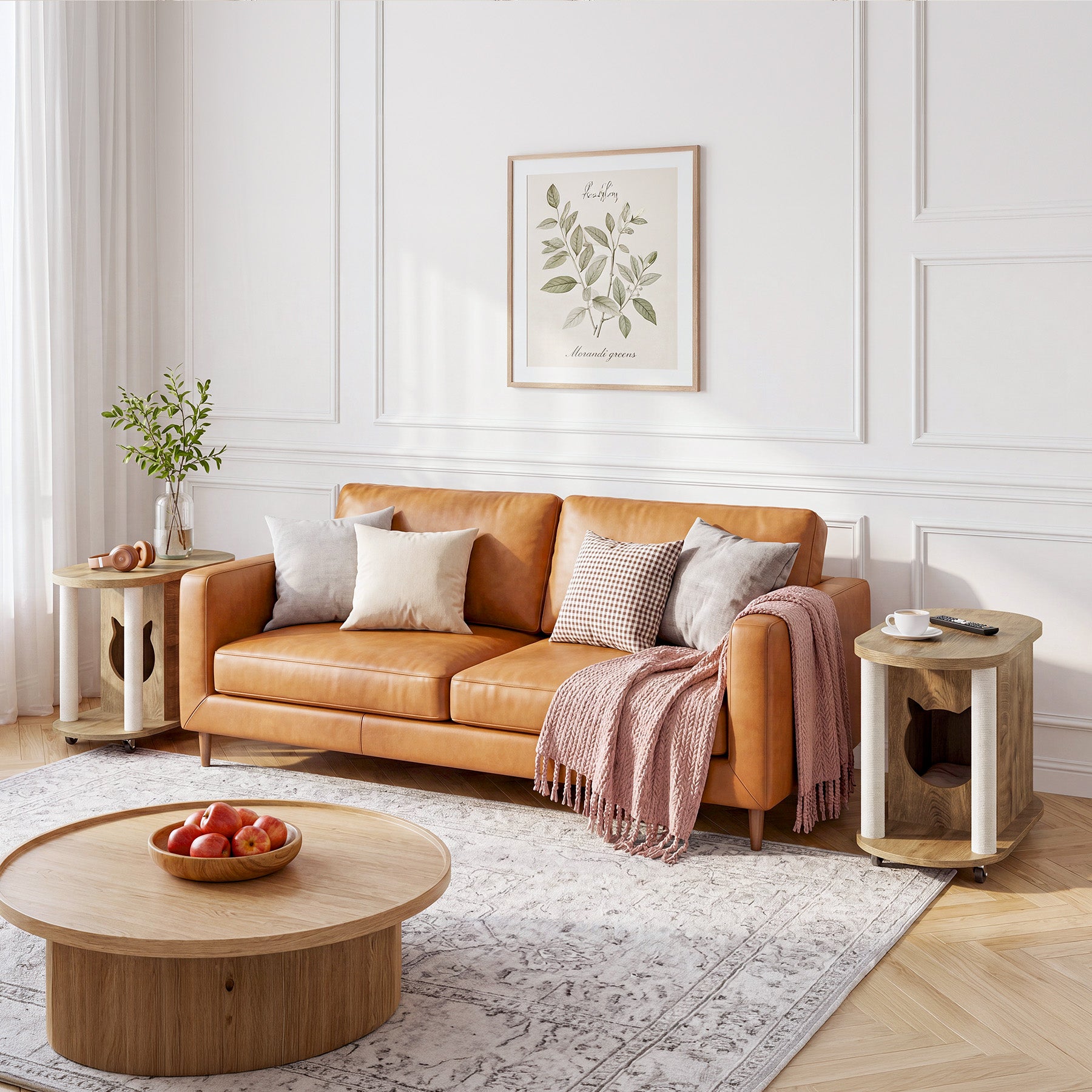 Rolling Sofa Side Table, End Table with Scratching Posts and Cat Bed