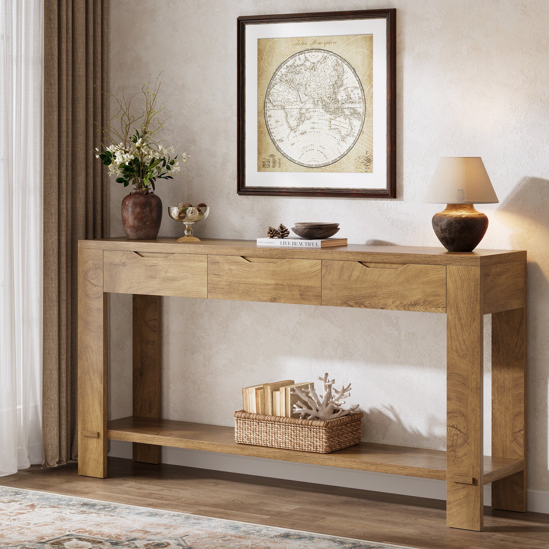 67“ Console Table, Narrow Farmhouse Entryway Table with 3 Storage Drawers