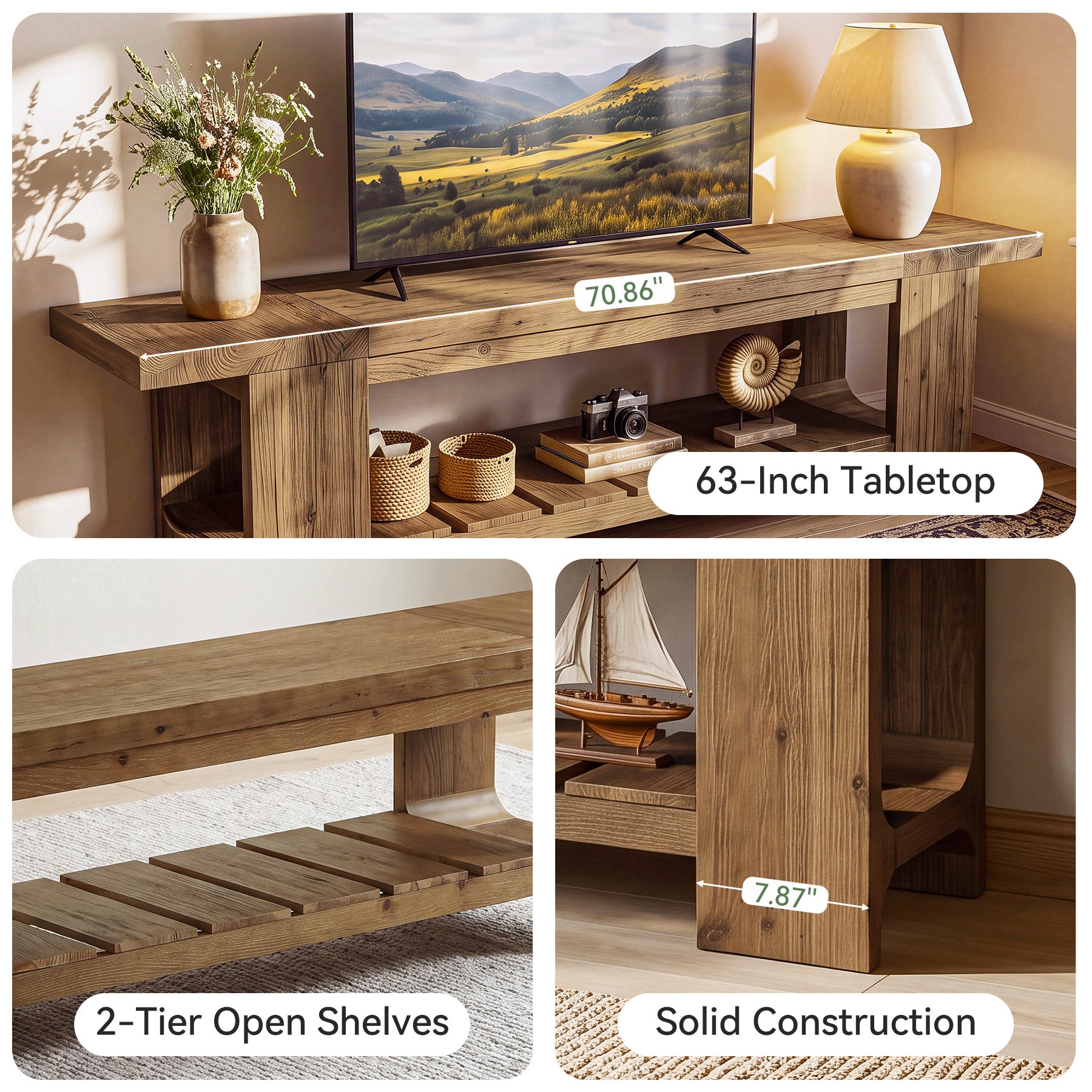 70.9" Solid Wood TV Stand, Media Console with with Lower Storage Shelf for Living Room
