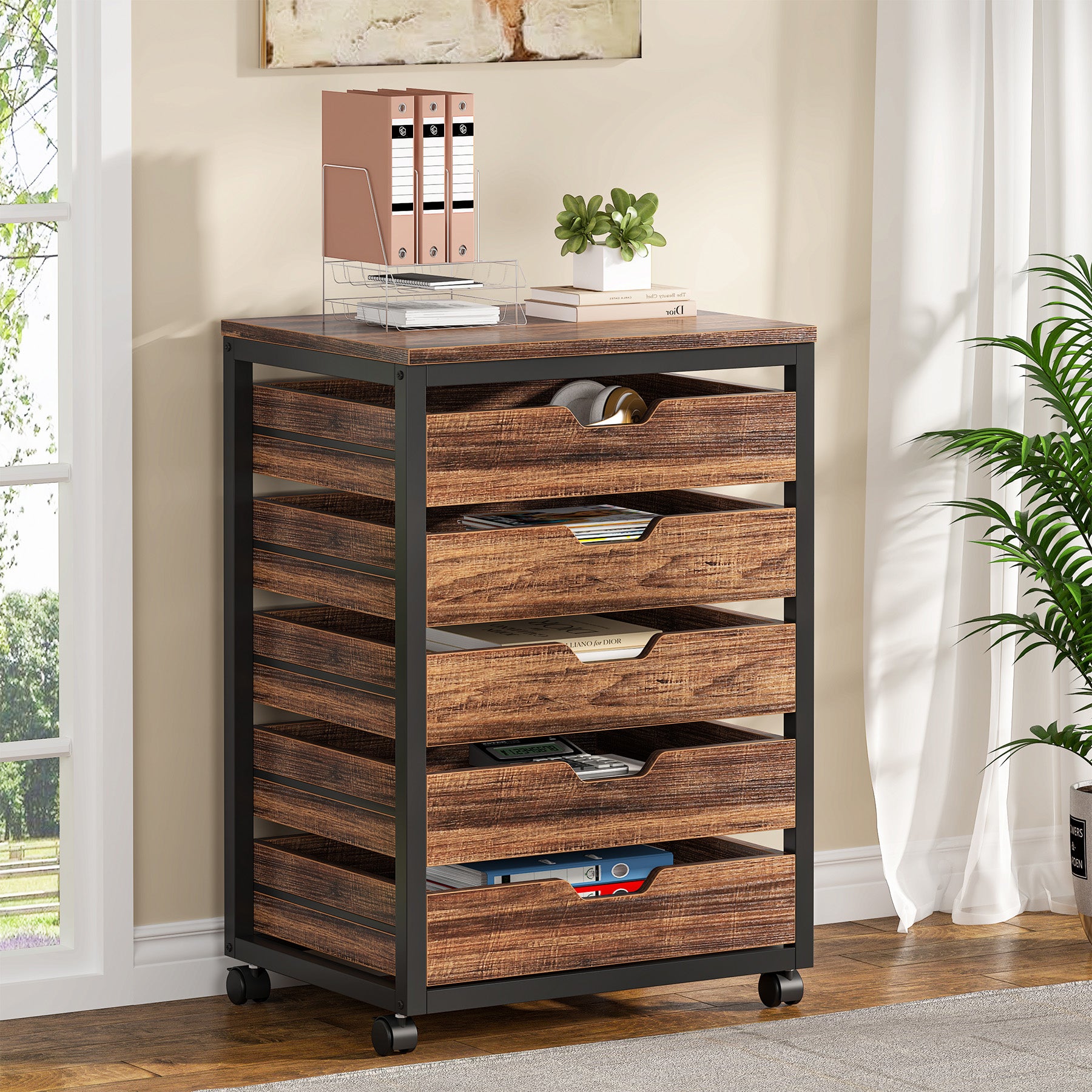 5/7 Drawer File Cabinet, Mobile Drawer Chest Storage Dresser Cabinet, Rustic Brown / 7 Drawer
