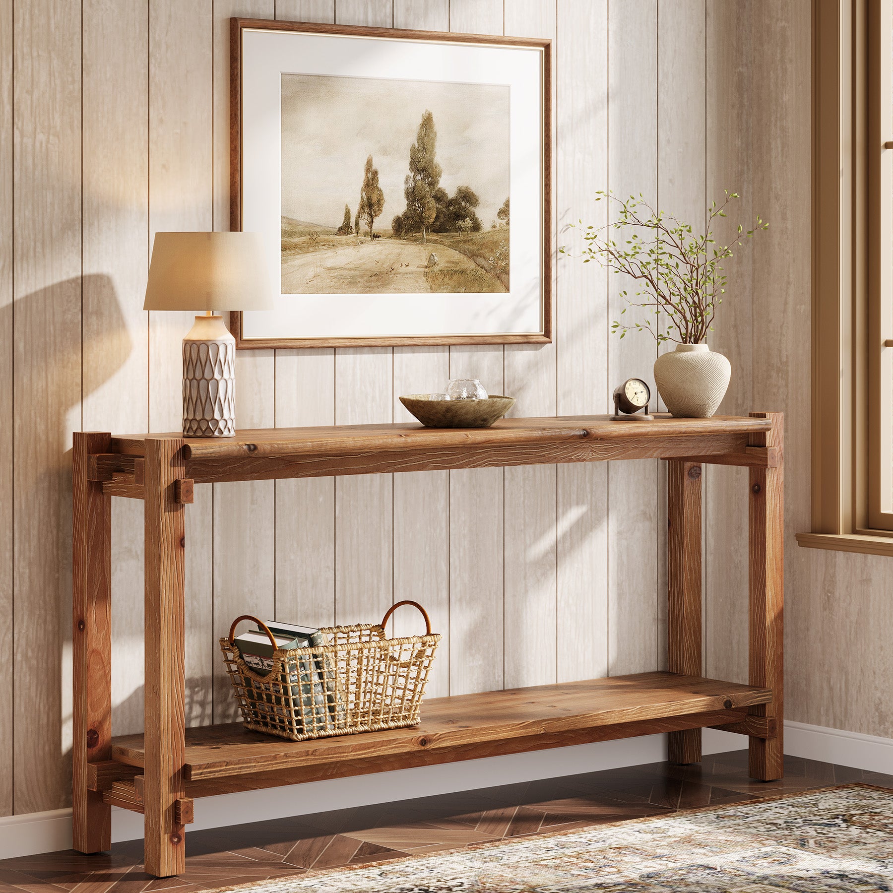 63" Solid Wood Console Table, 2-Tier Farmhouse Entryway Table with Storage