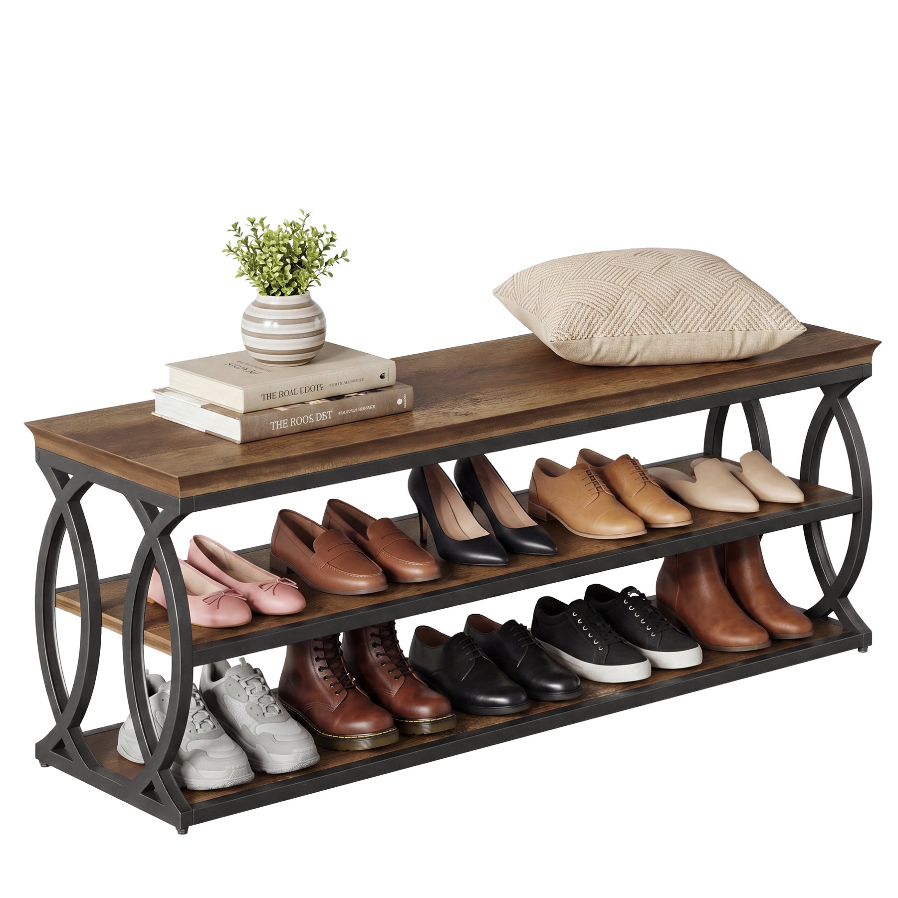 Shoe Storage Bench with 3-Tier Rack, Industrial Wooden Shoe Organizer for Hallway Living Room Closet