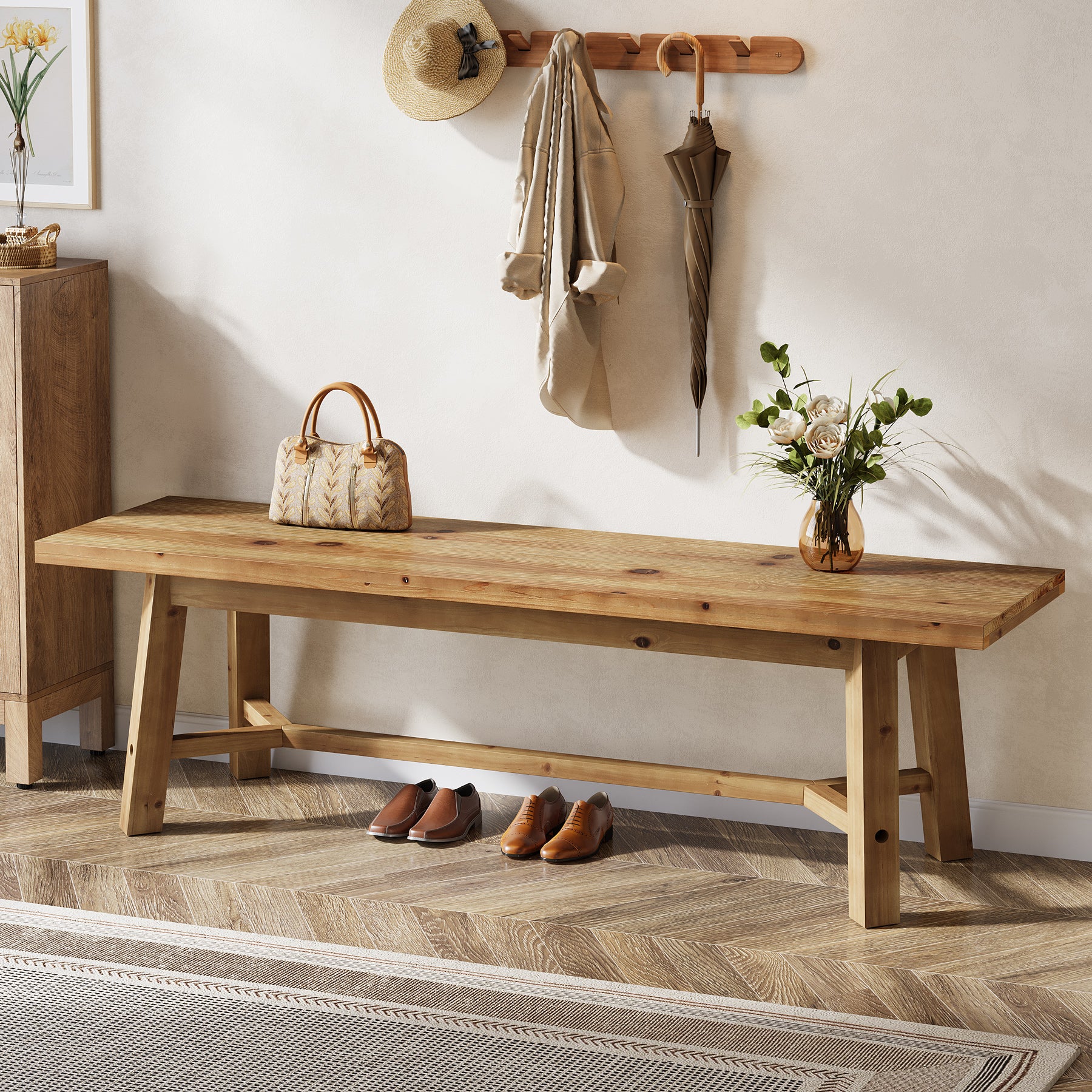 55" Solid Wood Bench, Farmhouse Long Bench Seat for Entryway