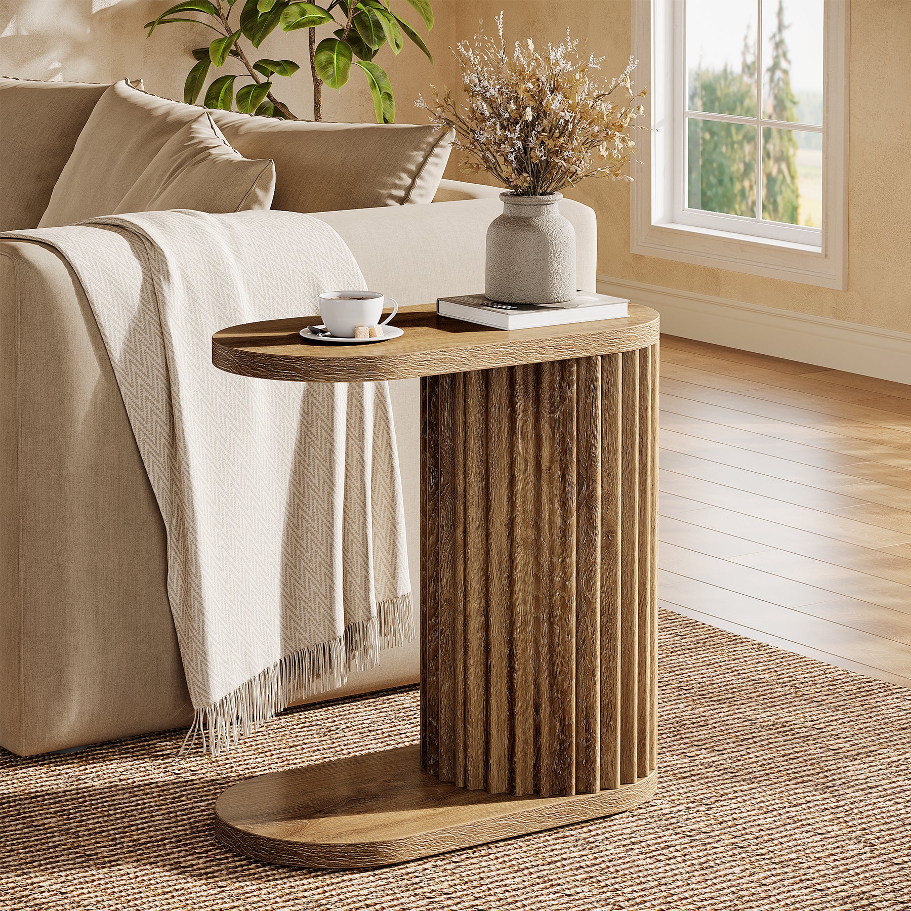 23.62" Fluted C-Shaped End Table with Oval Top, Narrow Side Table for Couch