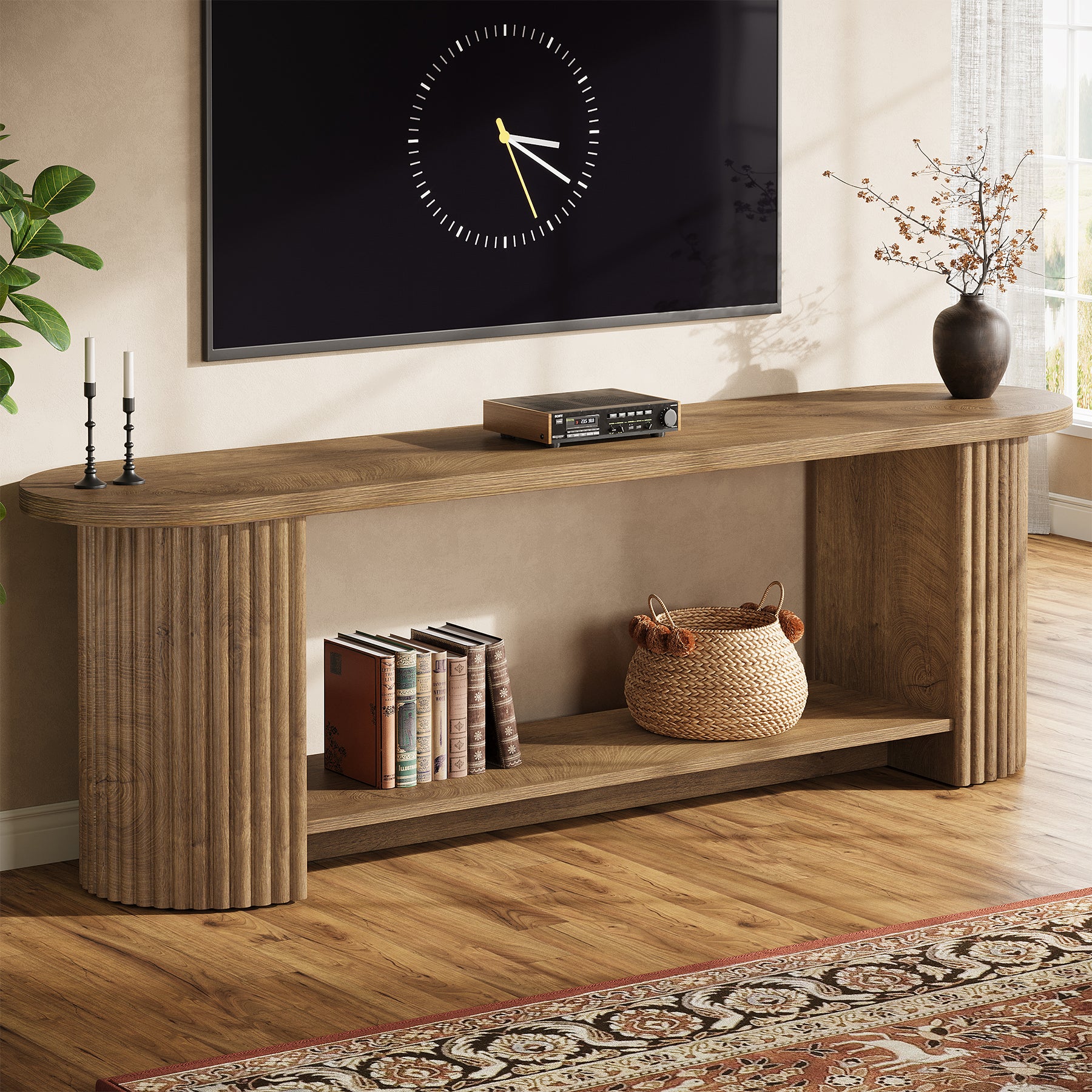 63” Fluted TV Stand, Farmhouse Entertainment Center with Storage Shelf
