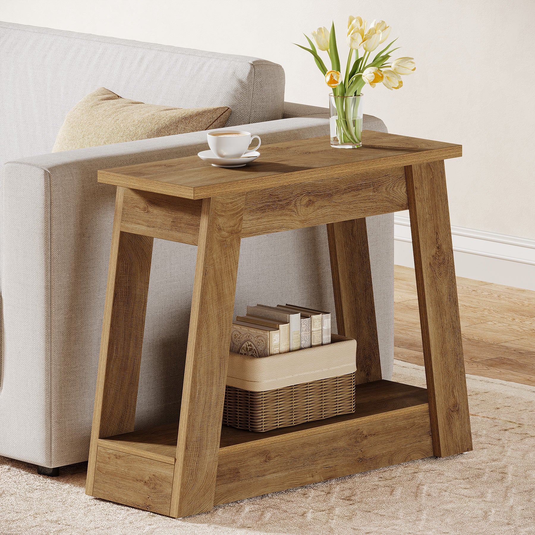 Wood End Table, Small Side Table With 2 Storage Shelves