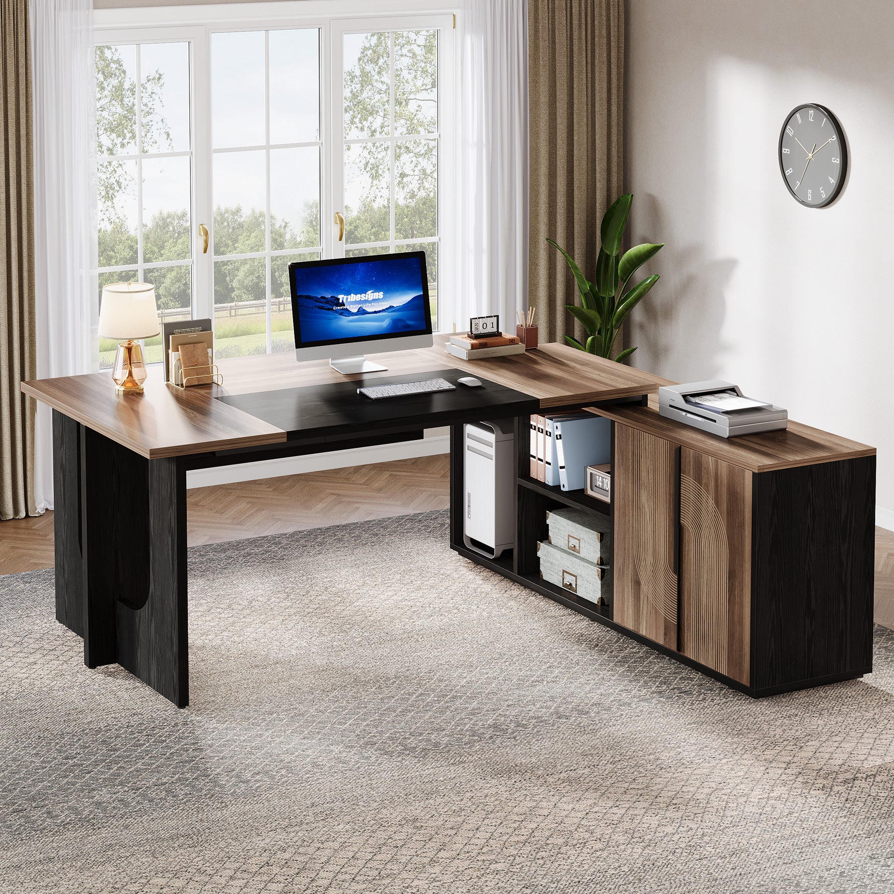 74" Executive Desk, L-Shaped Computer Desk Office Desk With Cabinet