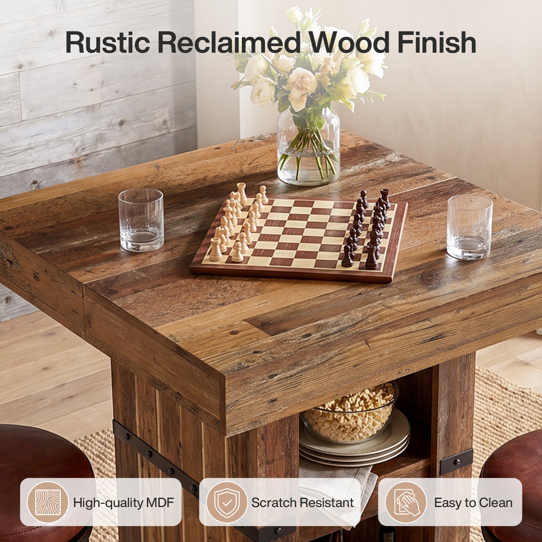 31.5" Square Bar Table, Counter Height Dining Table with Storage Base