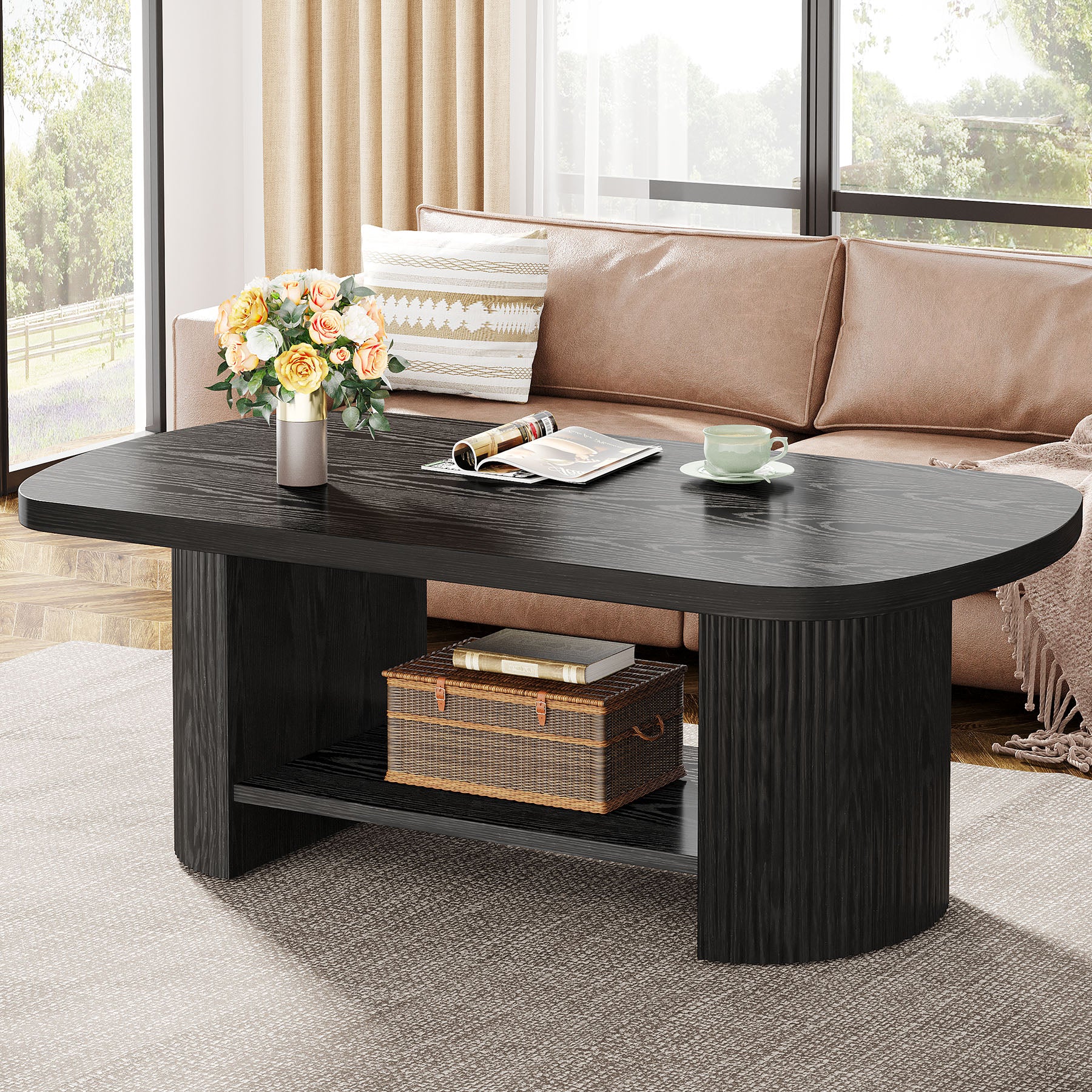 45" Coffee Table, Modern Oval 2-Tier Center Table With Storage