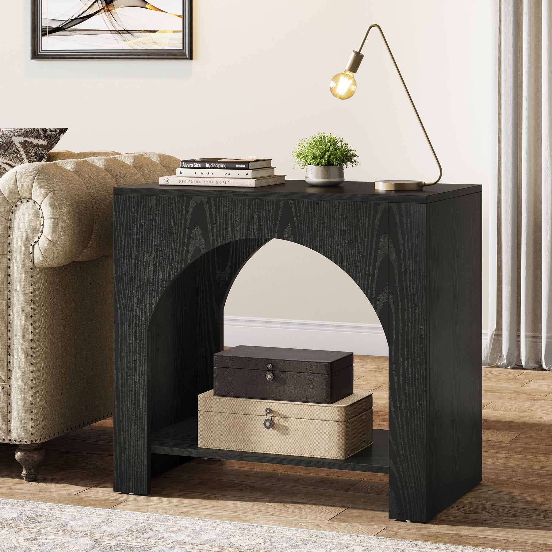 27" End Table, 2 Tier Square Side Table with Storage Shelf