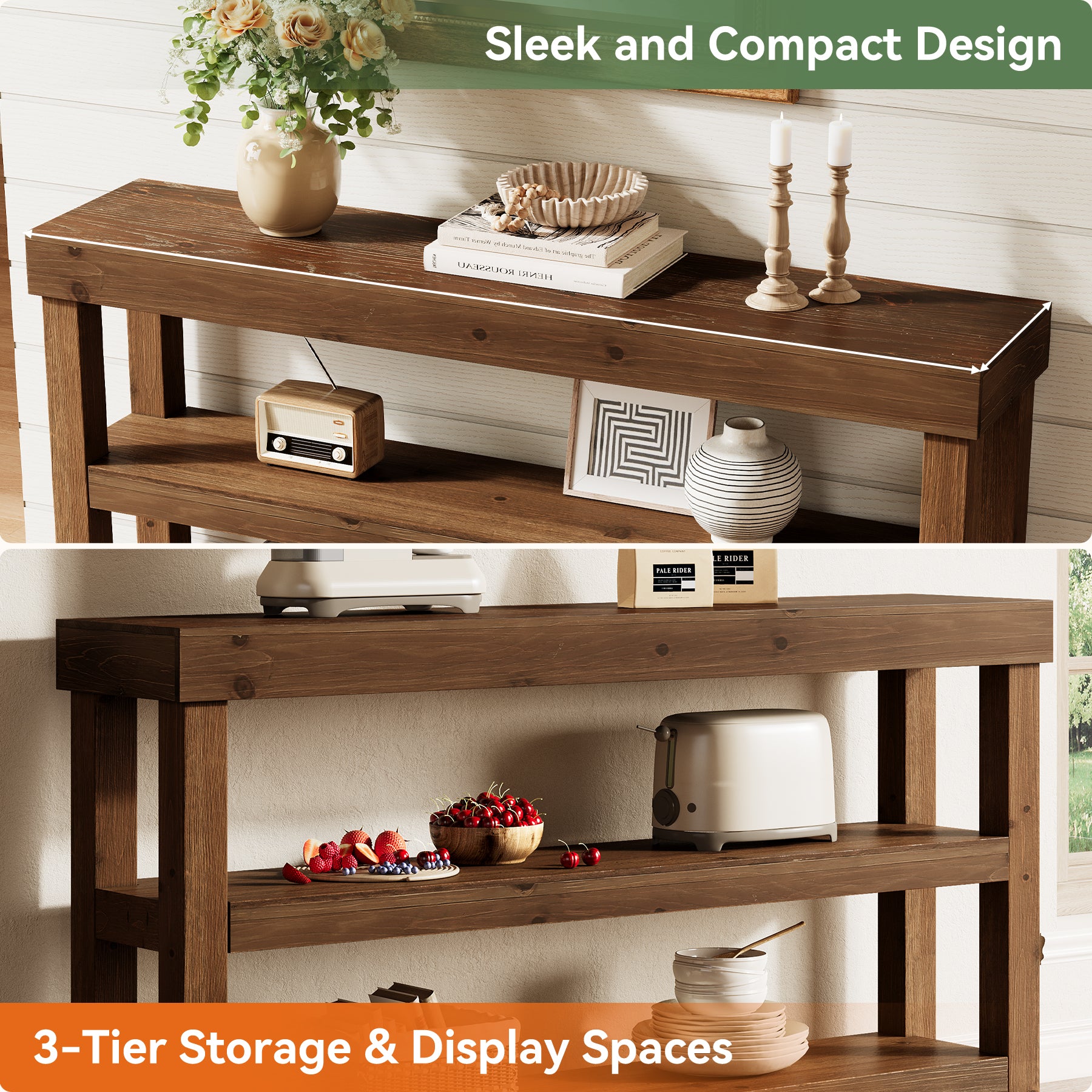 3-Tier Solid Wood Console Table, 63" Narrow Sofa Table Behind The Couch