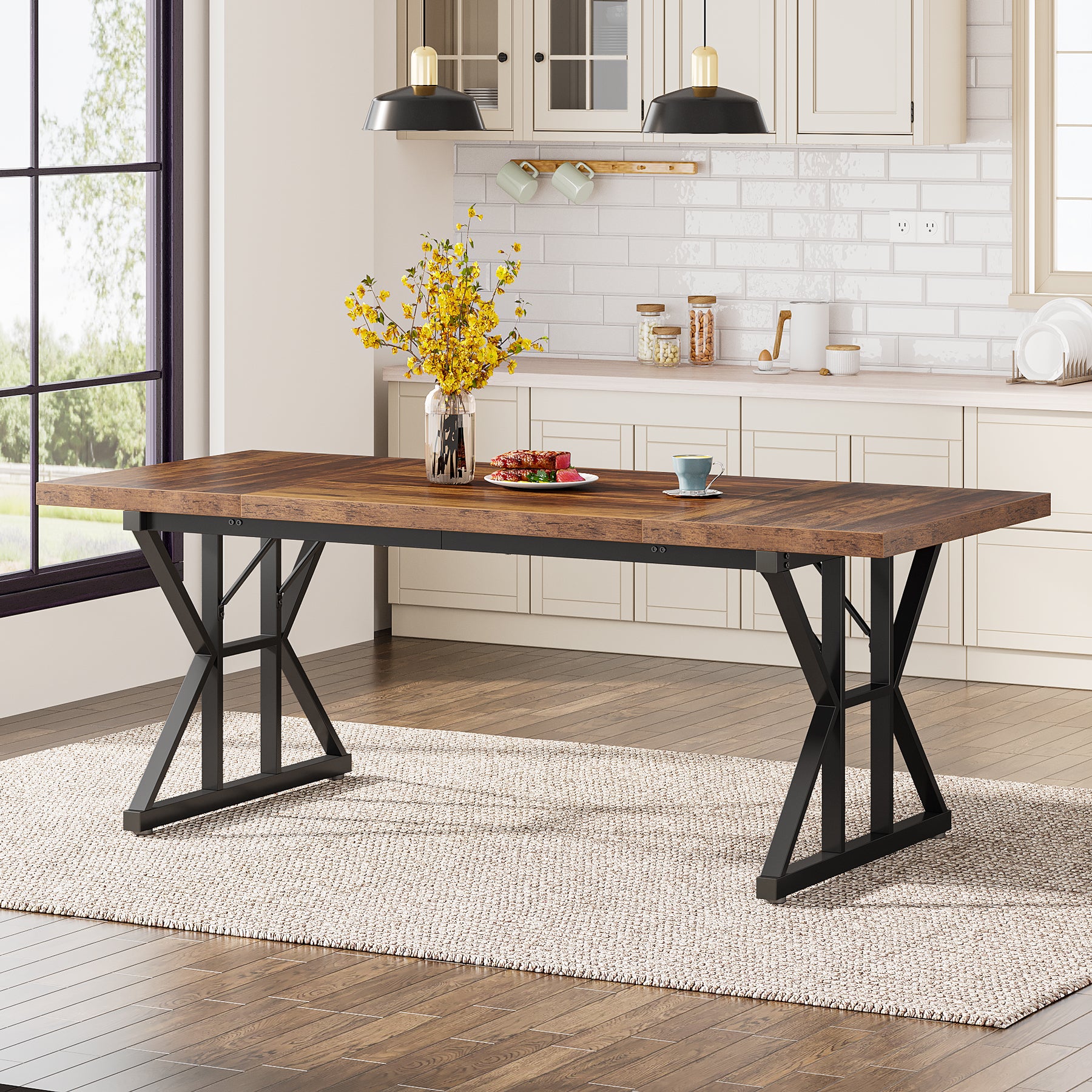 70.8" Farmhouse Dining Table for 6, Rectangular Wood Kitchen Table with Metal Legs