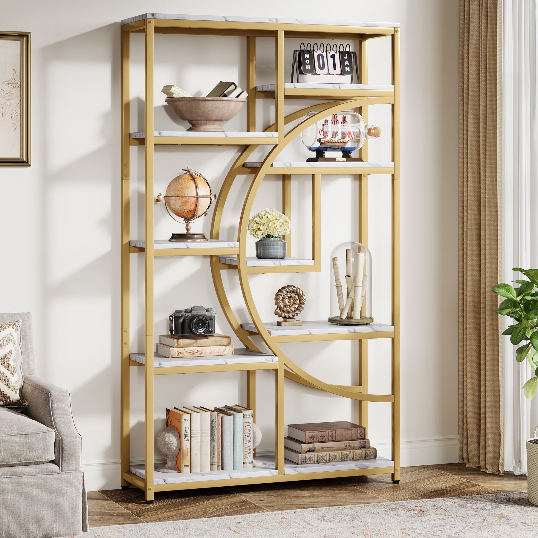 5-Tier Etagere Bookshelf, 68.9" Bookcase with 9 Open Shelves