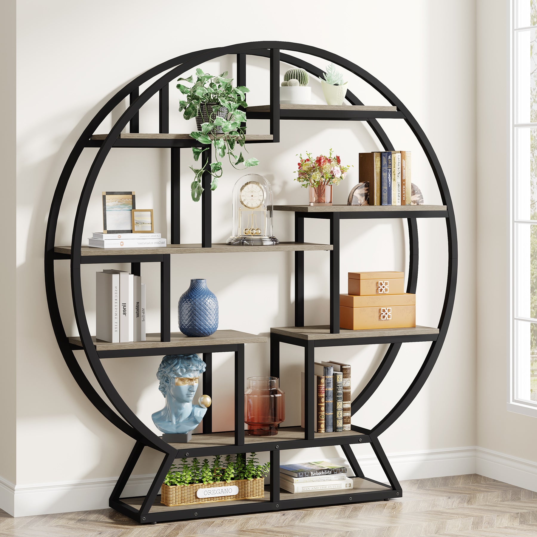 Round Bookshelf, 63 Inch Etagere Bookcase with Staggered Shelves