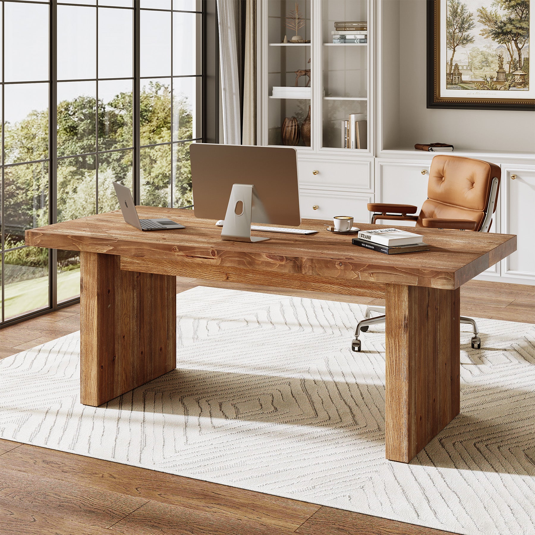 63" Solid Wood Executive Desk, Farmhouse Office Desk, Large Computer Table for Home Office