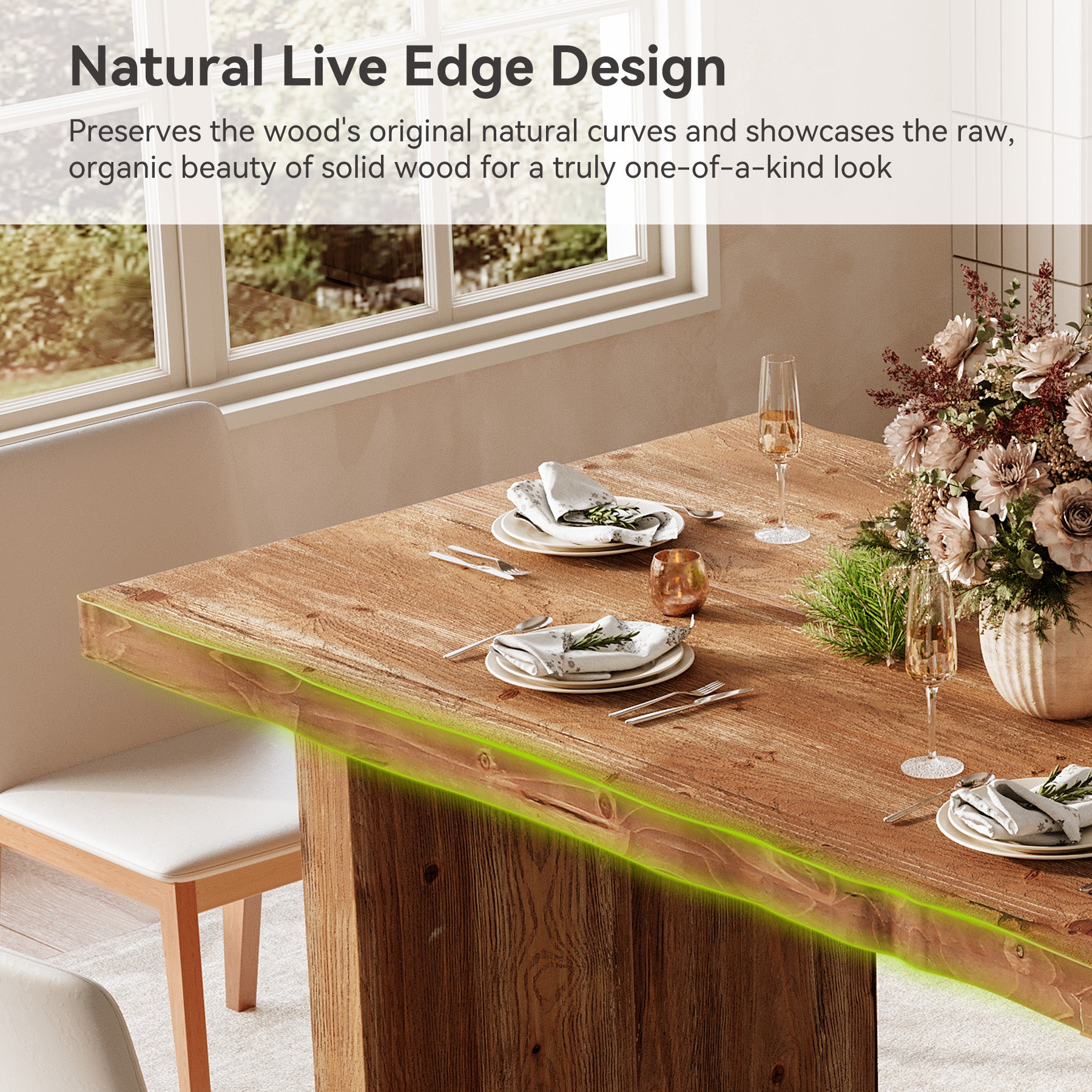 63" Solid Wood Dining Table for 4-6, Farmhouse Rectangular Kitchen Table with Thick Wood Top