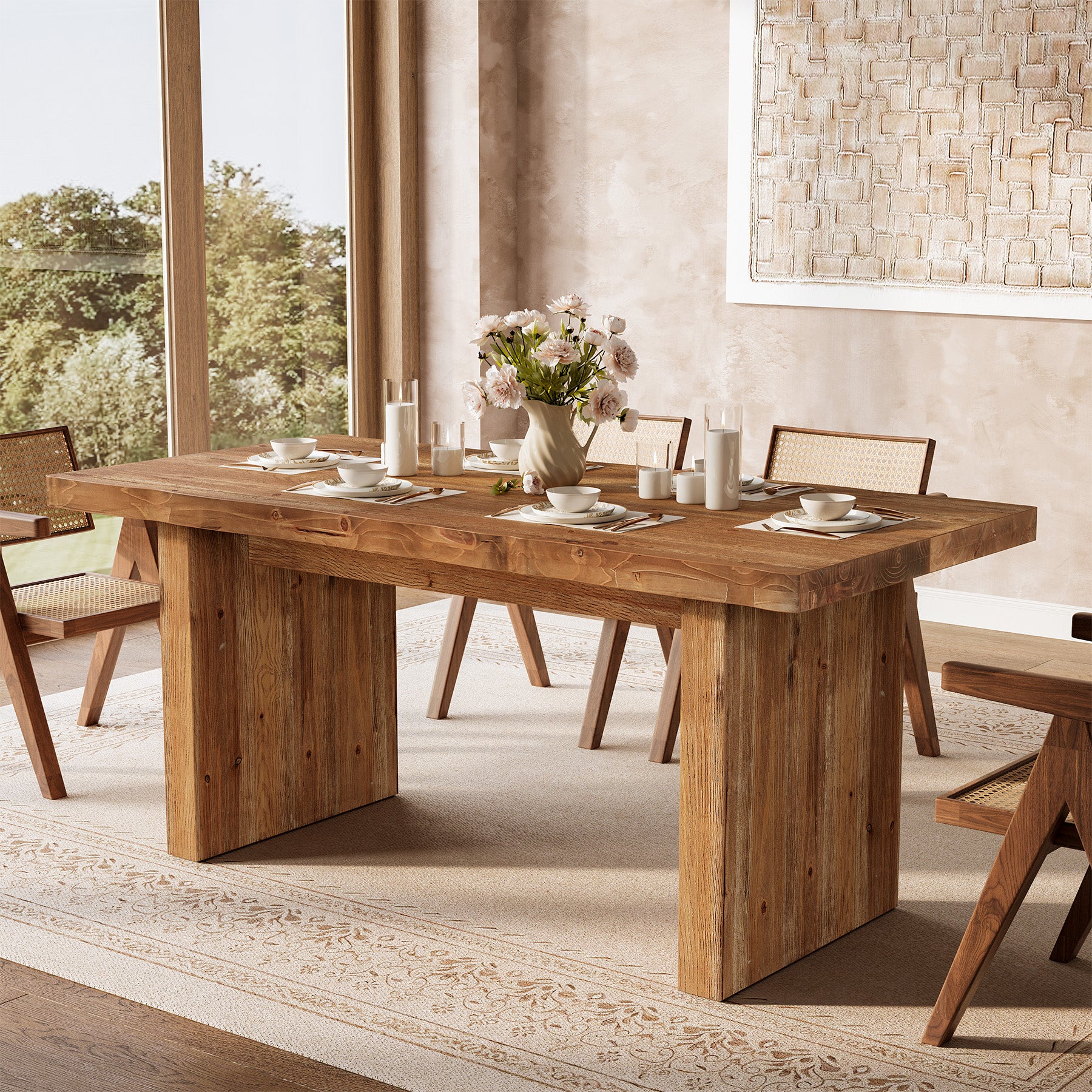 63" Solid Wood Dining Table for 4-6, Farmhouse Rectangular Kitchen Table with Thick Wood Top
