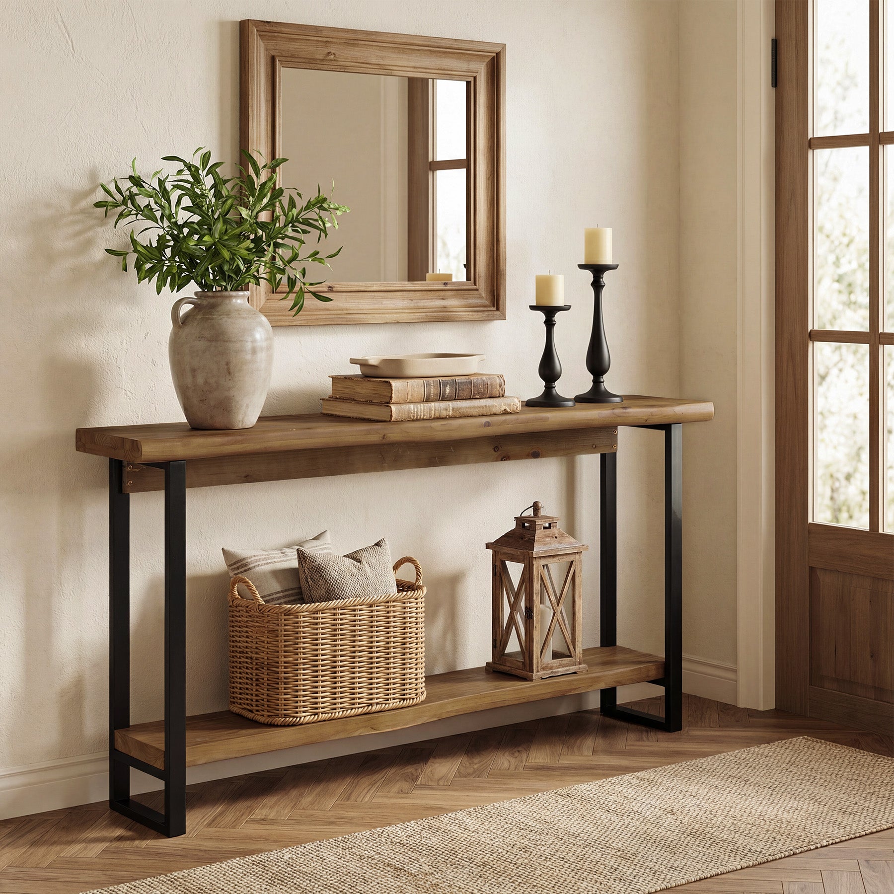 63" Solid Wood Live-Edge Console Table with Metal Legs – Narrow Farmhouse Sofa Table