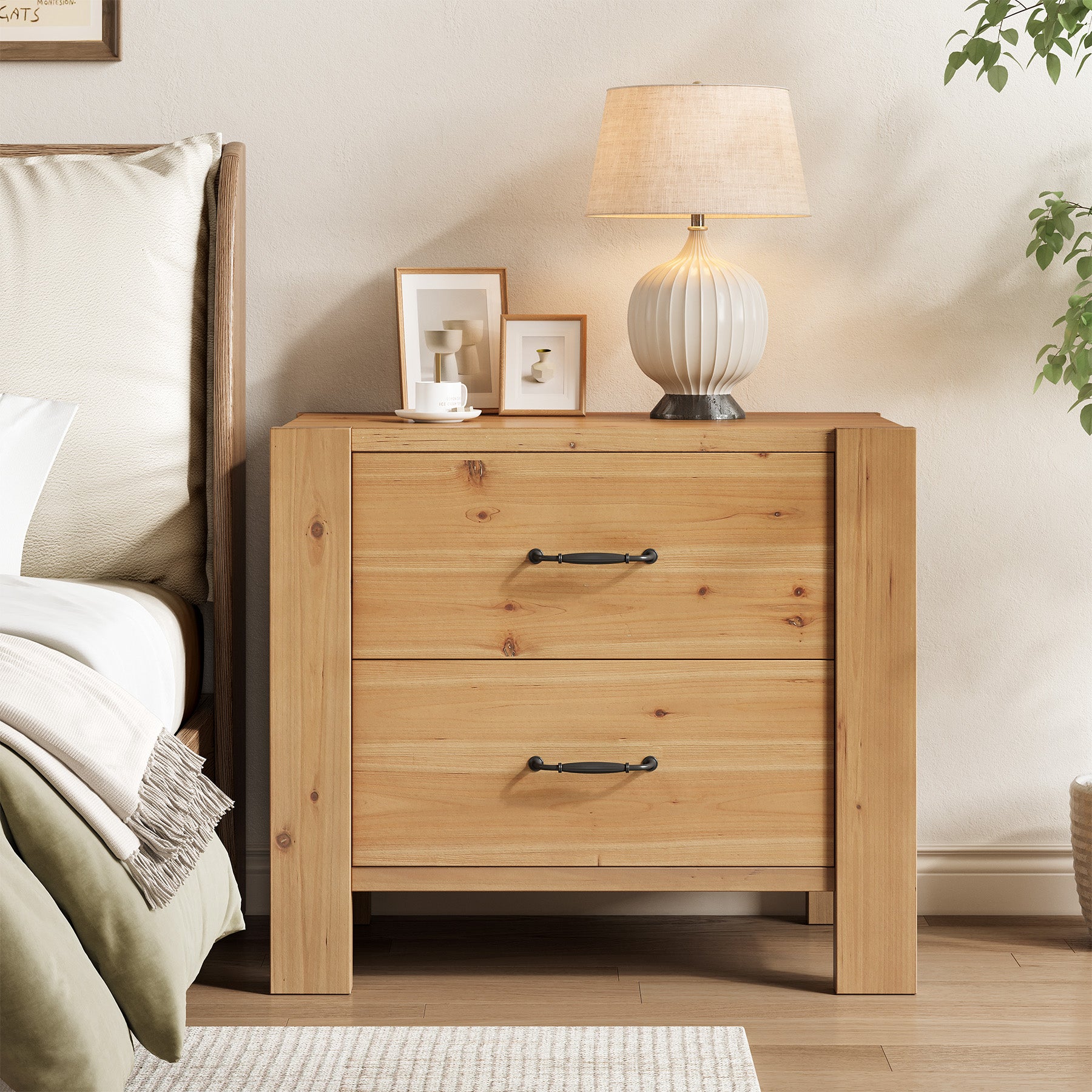 Solid Wood Nightstand, Oversize Bedside Table with 2 Drawers