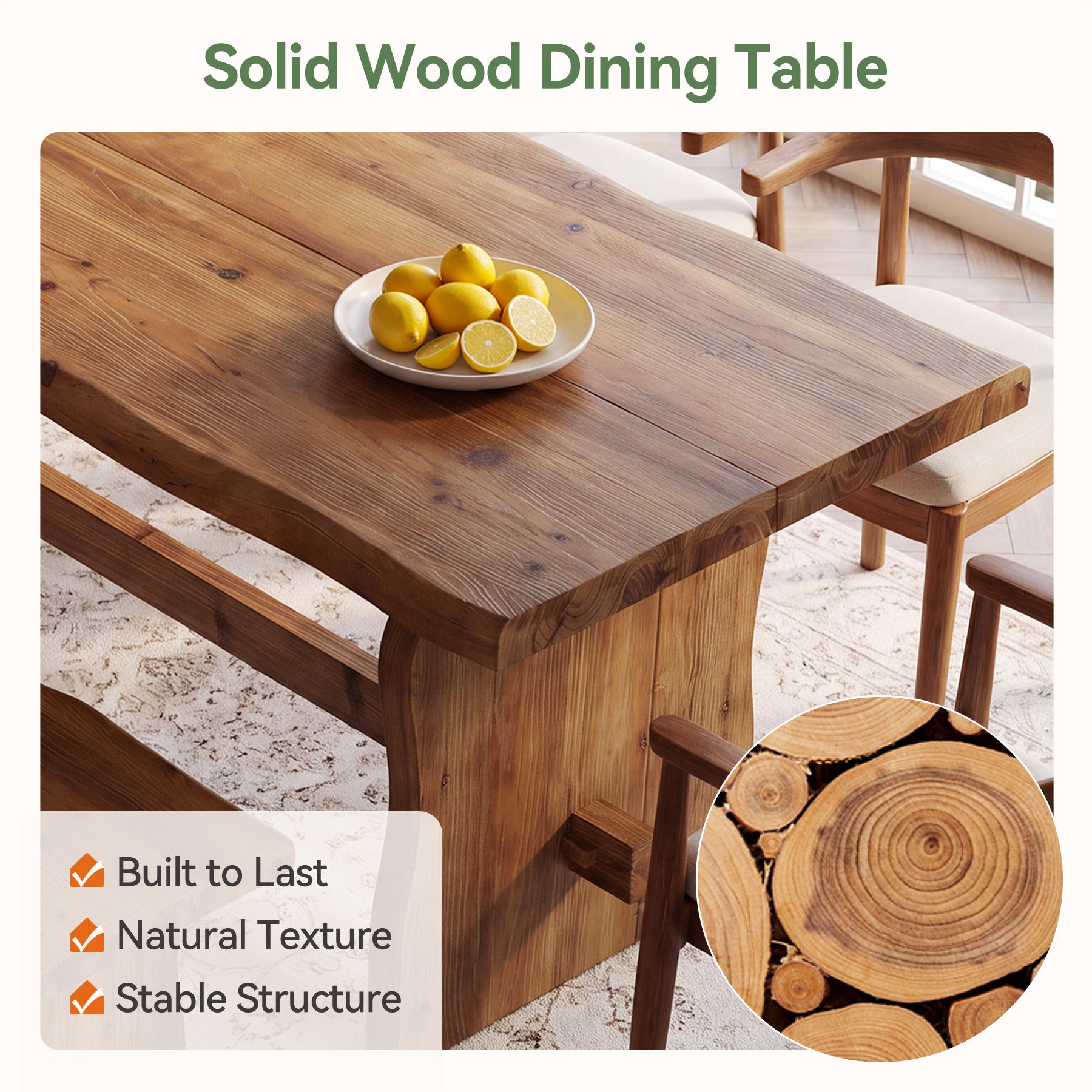 63" Solid Wood Dining Table, Live Edge Rectangular Kitchen Table for 4-6 People