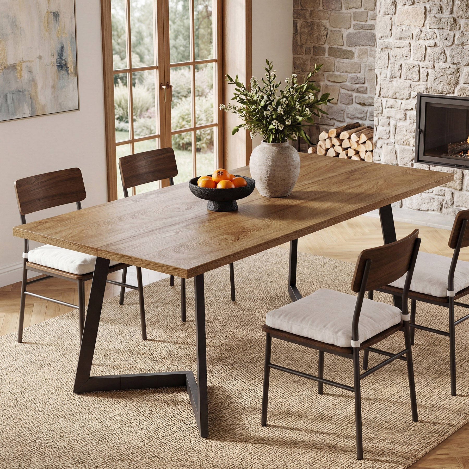 62" Rectangular Dining Table for 6, Modern Farmhouse Kitchen Table with Metal Legs for Dining Room