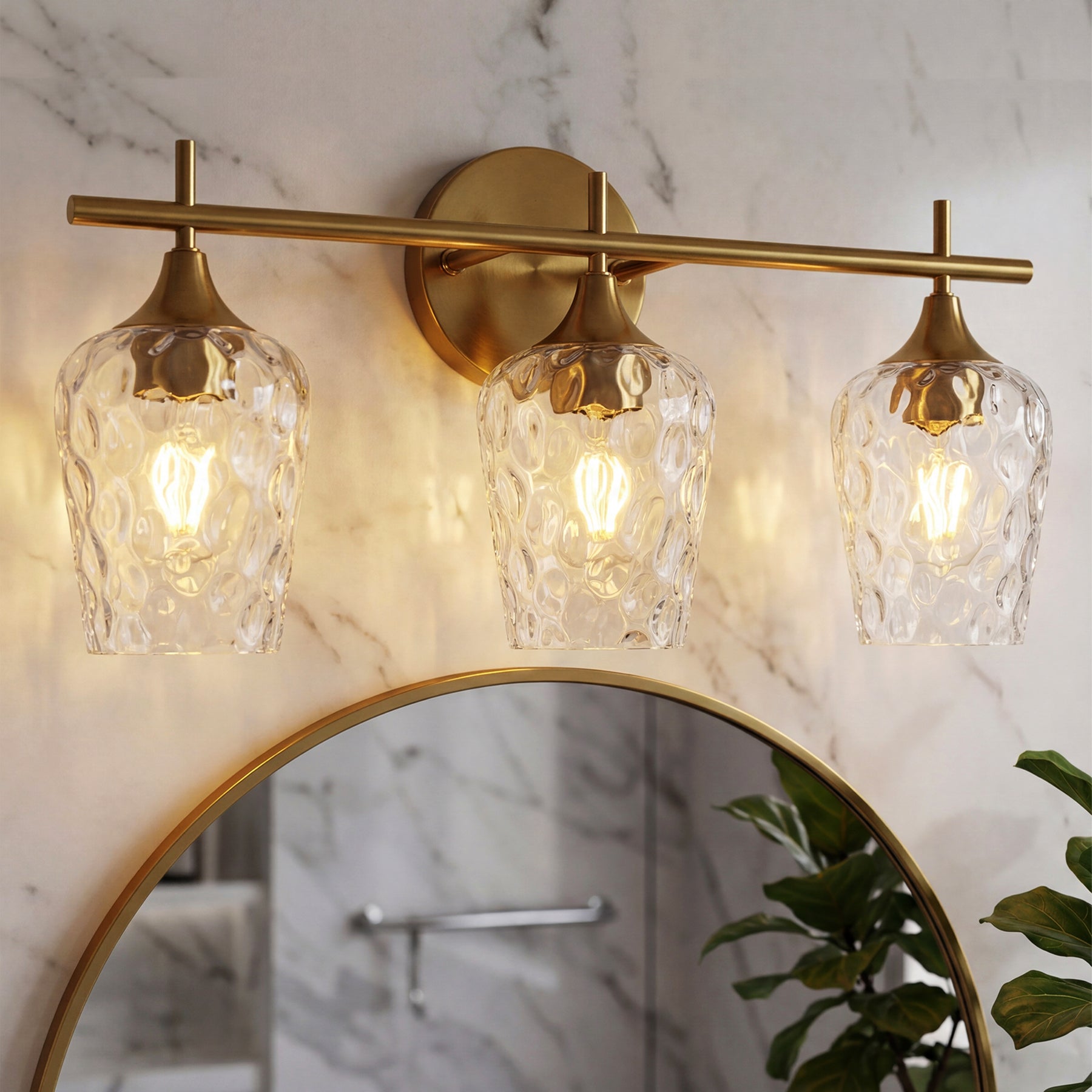 3-Light Bathroom Vanity Light, Modern Wall Sconce with Water Ripple Clear Glass Shades
