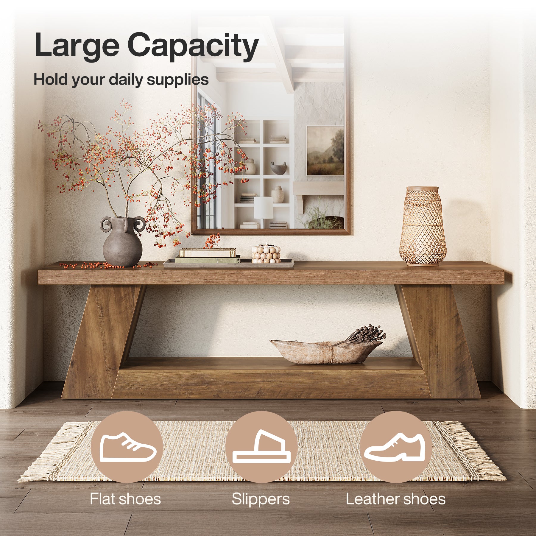 63" Entryway Bench with Storage Shelf, 2-Tier End of Bed Bench