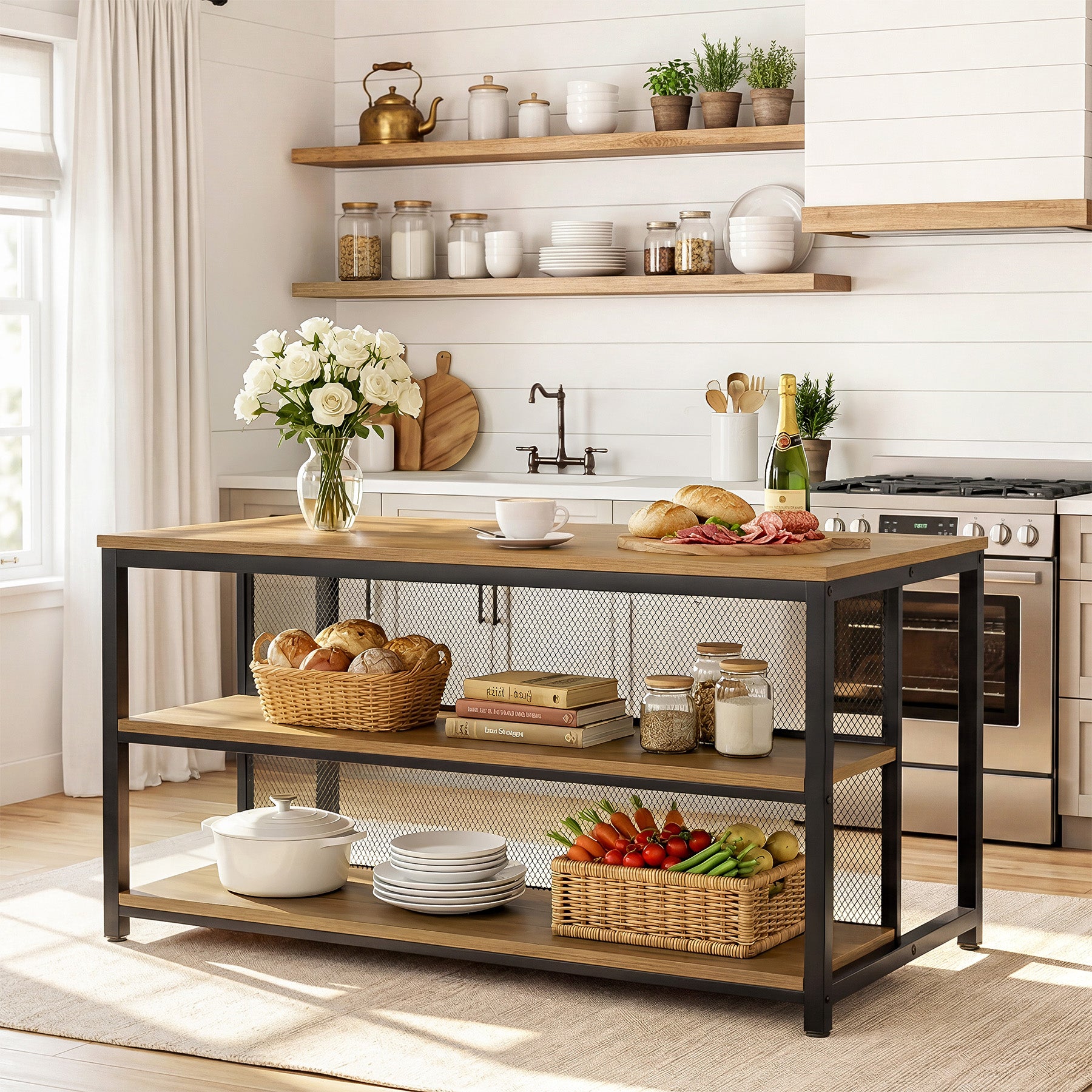 63" Industrial Kitchen Island, Stationary Island Coffee Bar Table With Storage Shelves