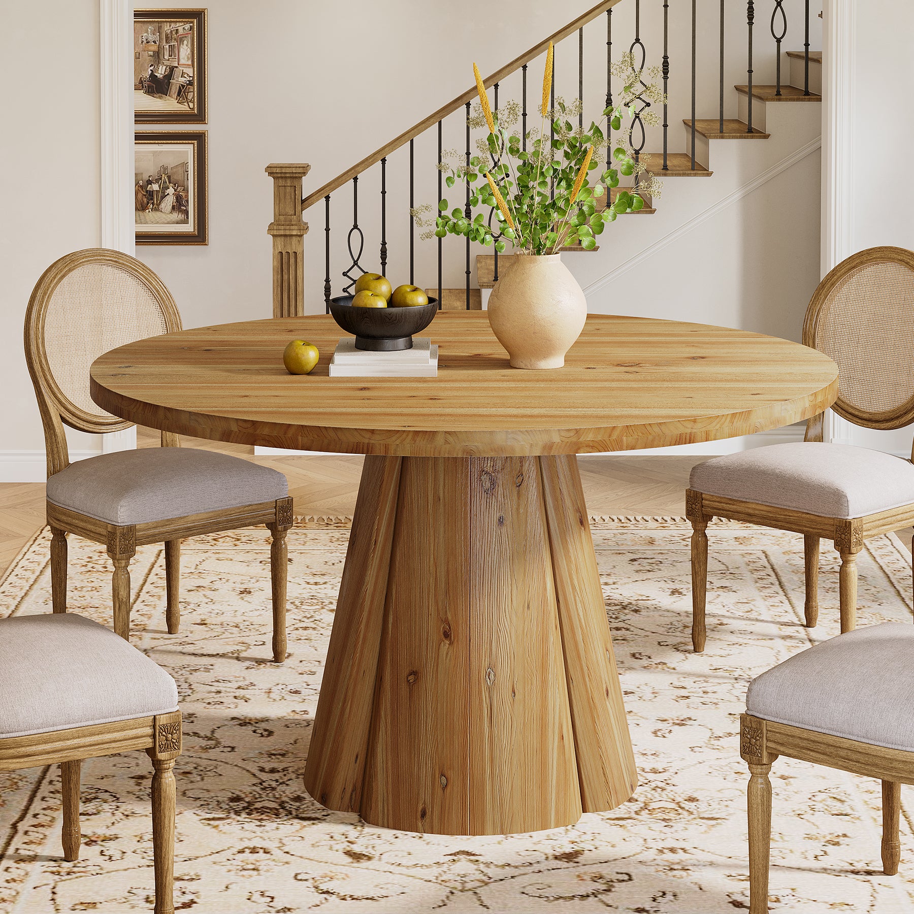47.24" Solid Wood Dining Table, Round Kitchen Table with Pedestal Base for 4-6