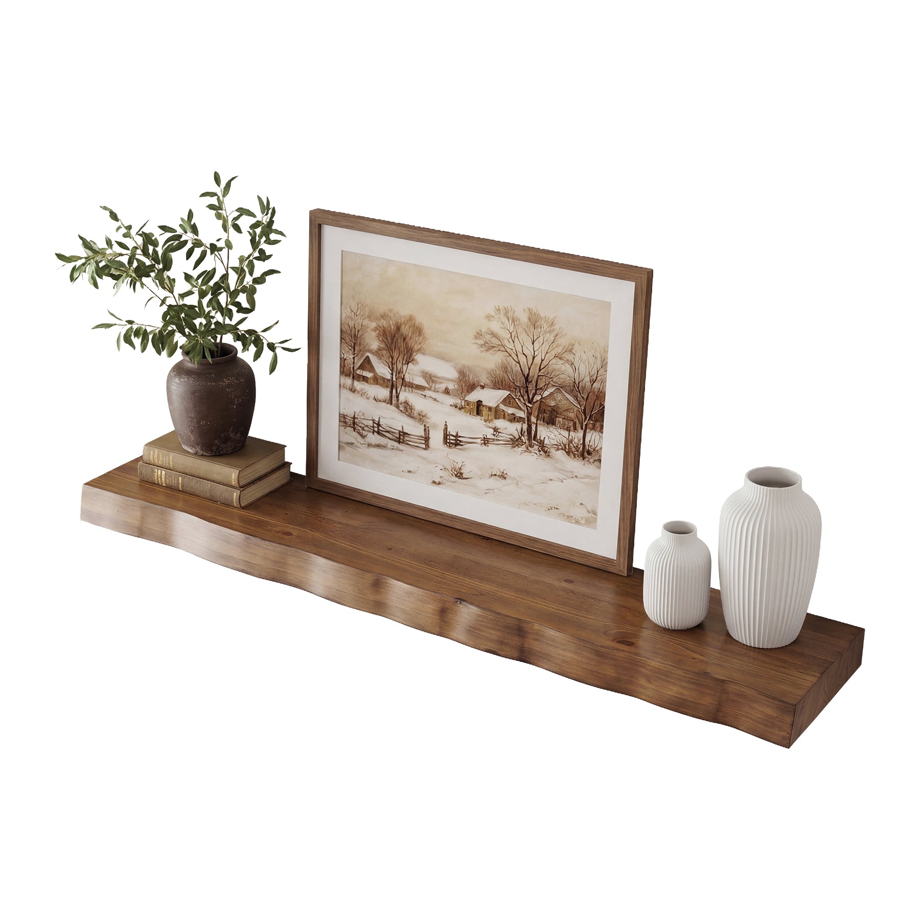 63" Solid Wood Floating Mantel Shelf with Live Edge, Rustic Fireplace Mantel & Wall Shelf for Living Room