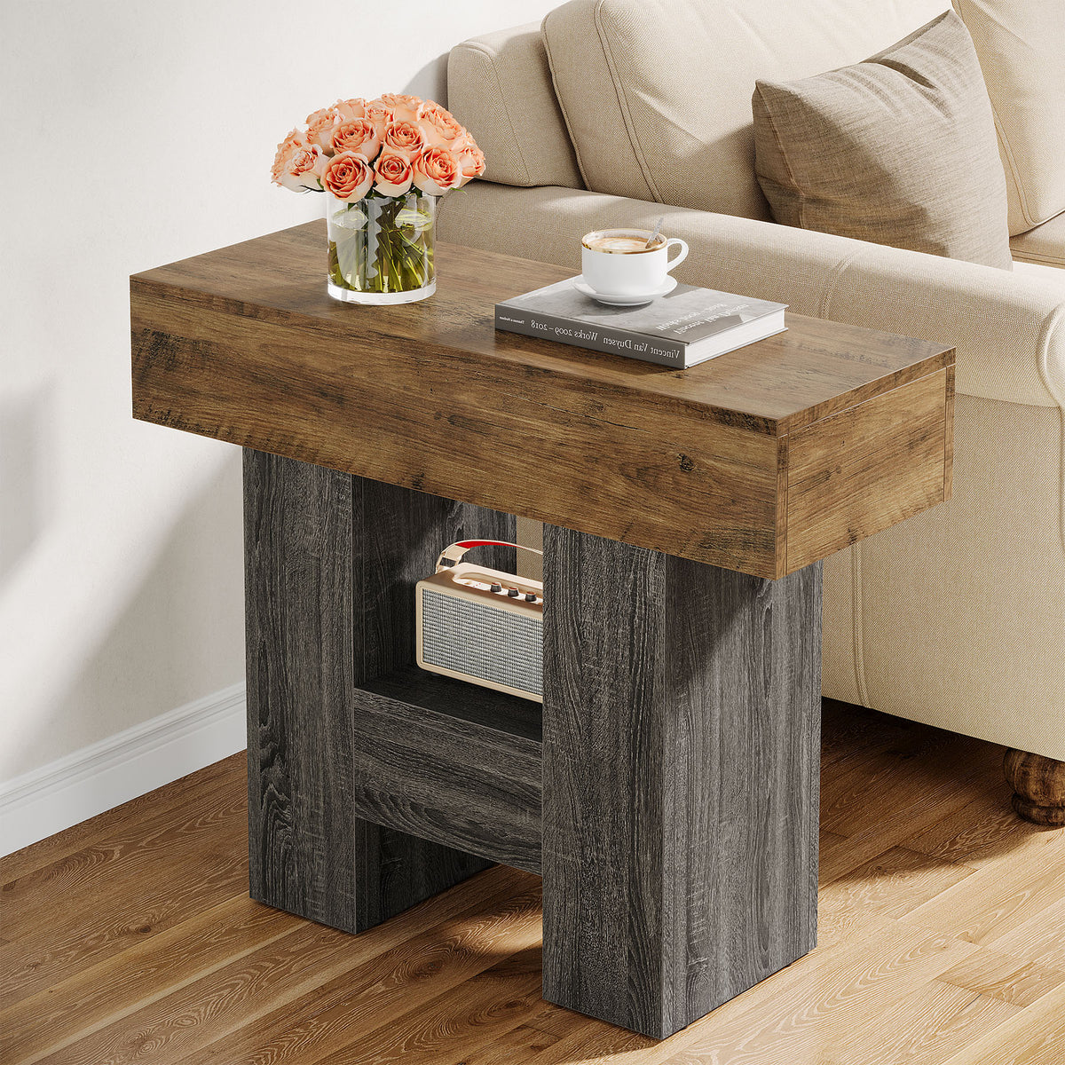 31.5" End Table, Farmhouse Sofa Side Table with 2-Tier Shelf and Heavy Duty Base