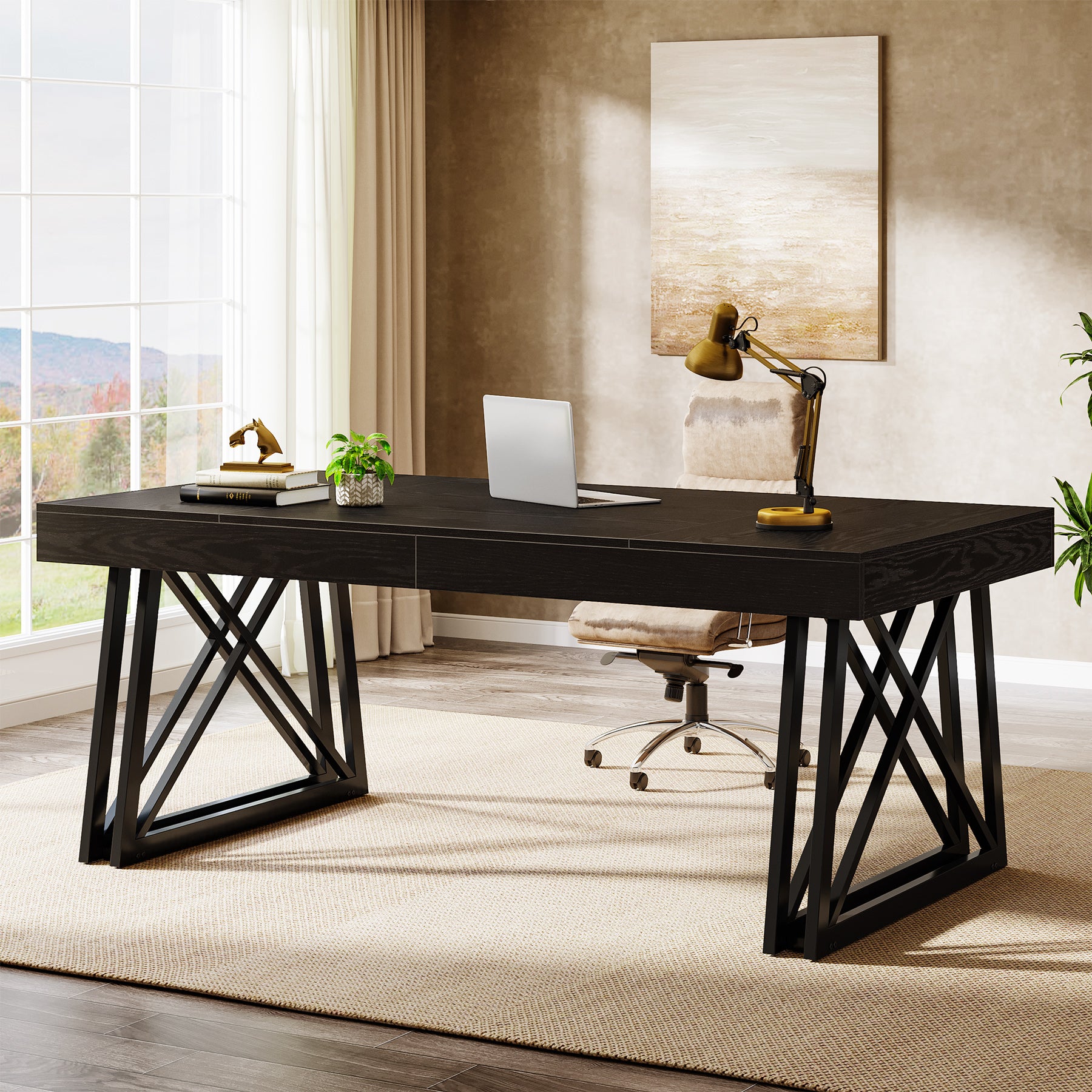 63" Executive Desk, Farmhouse Office Computer Desk with X-Shaped Legs