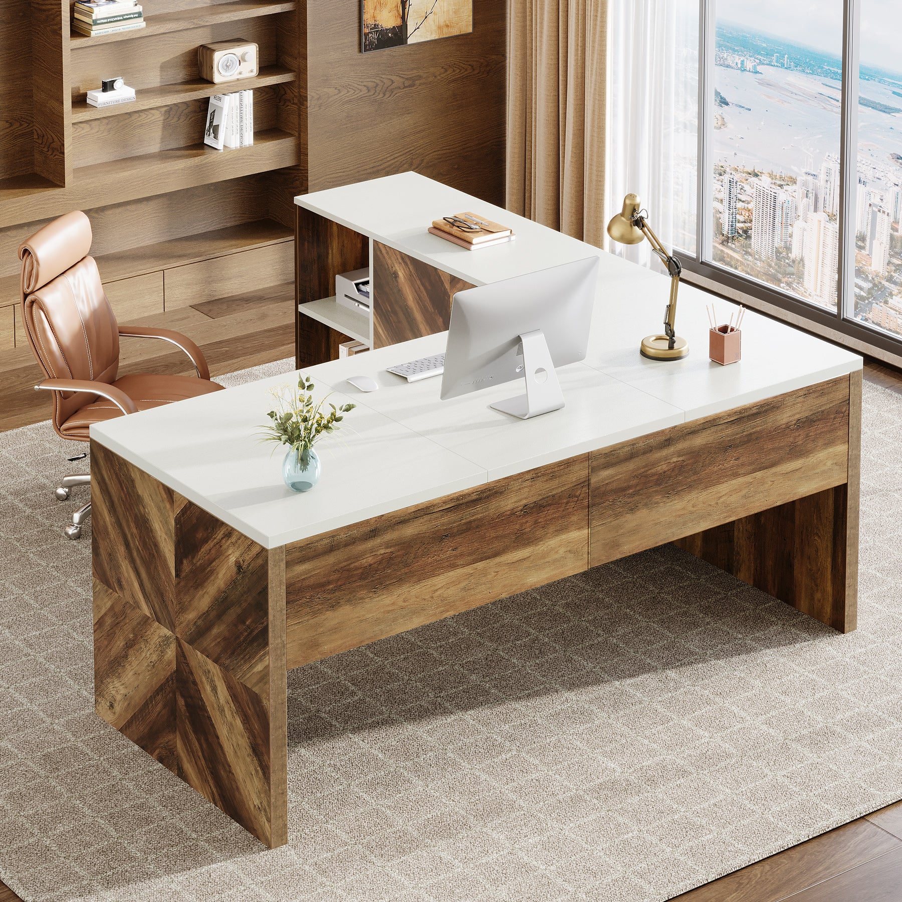 63" L-Shaped Desk, Modern Executive Office Desk with Mobile File Cabinet