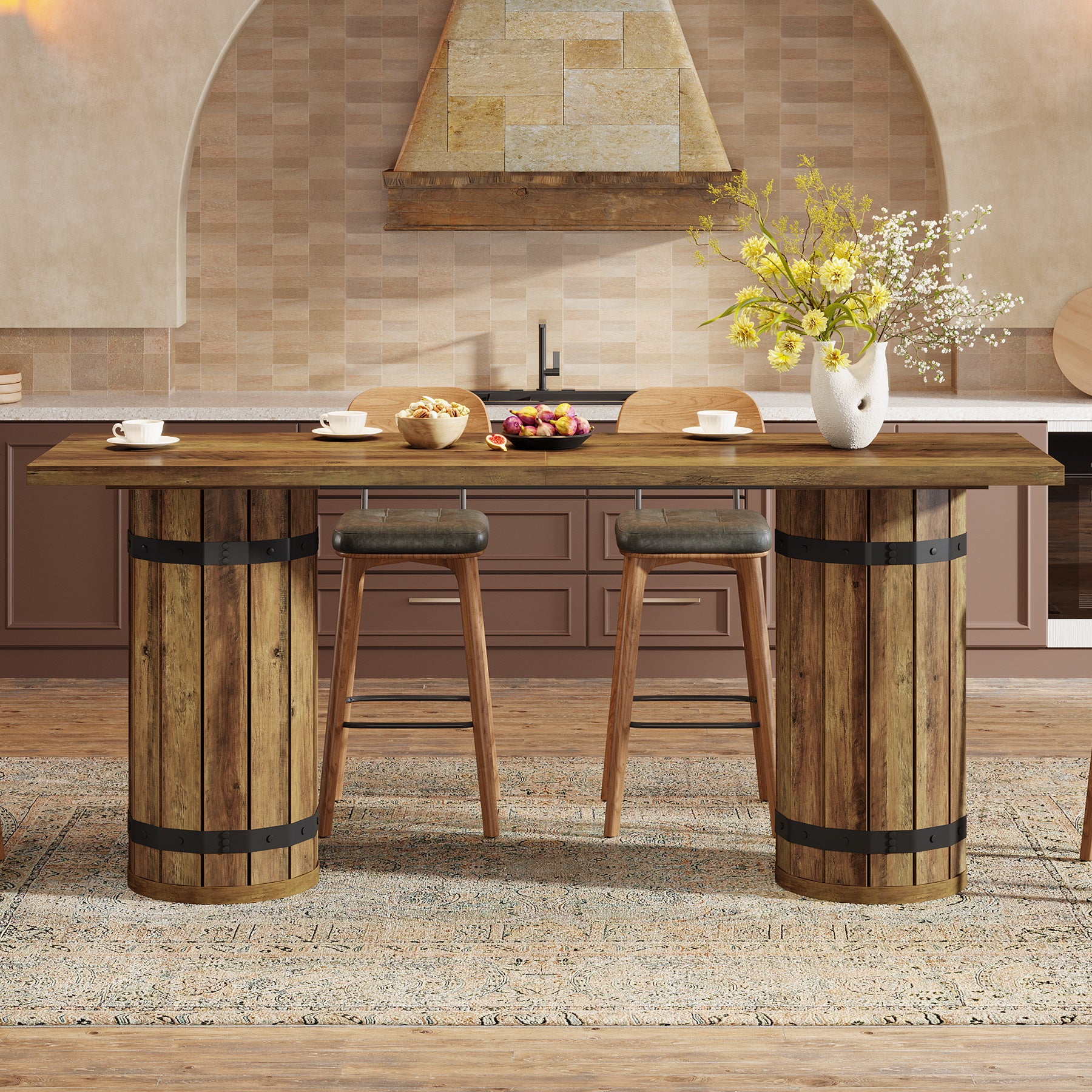 70.9" Bar Table, Rectangular Counter Height Pub Table with Fence Pedestal Base