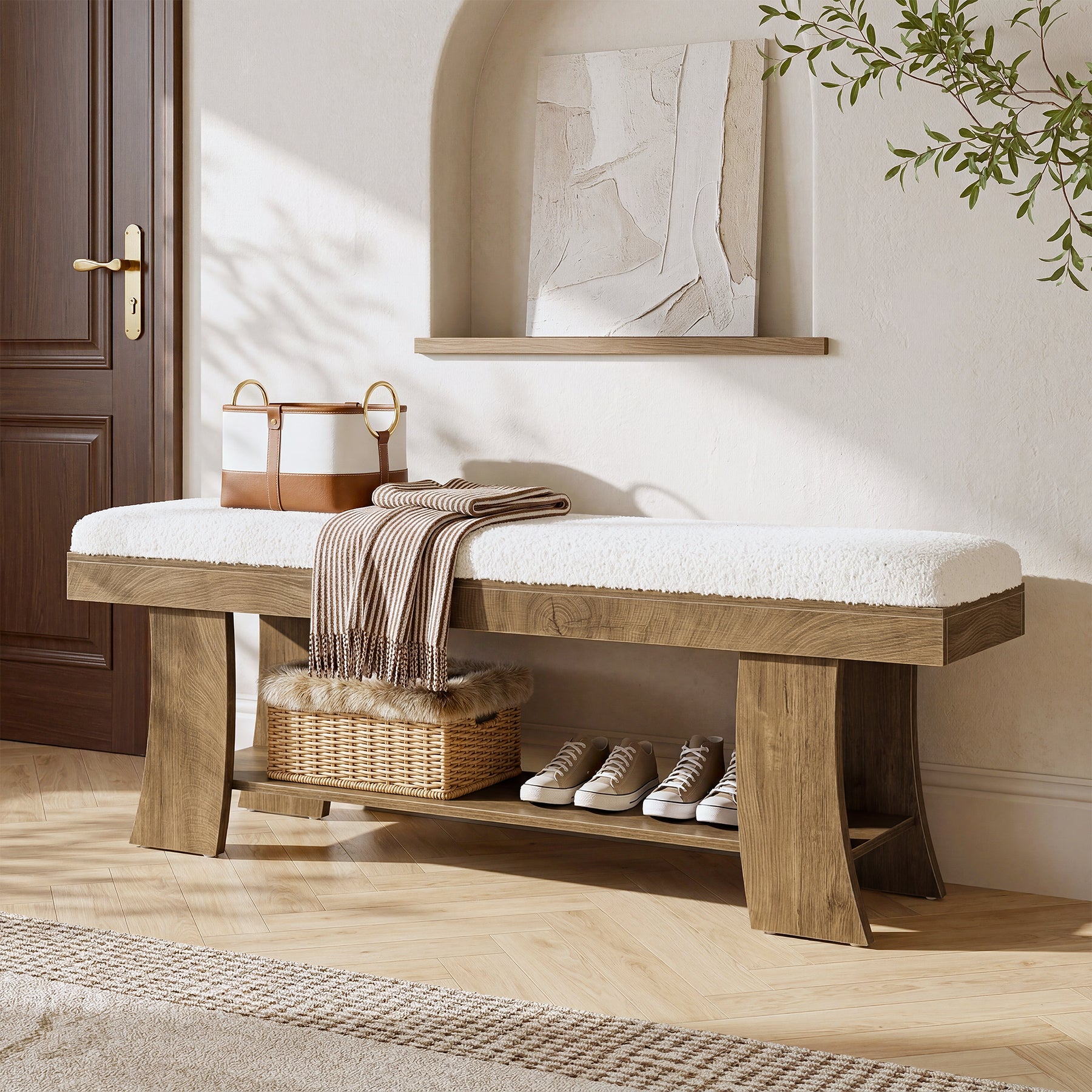 59" Upholstered Entryway Bench, Cushioned Shoe Bench Seat with Storage Shelf