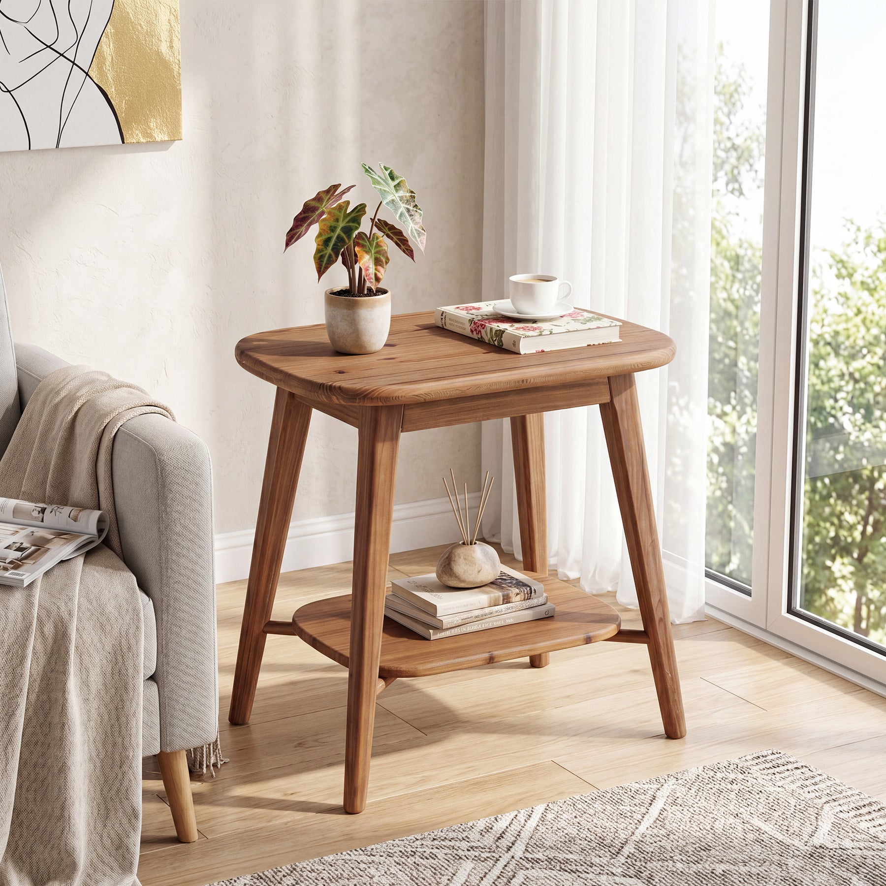 2-Tier Solid Wood End Table, Farmhouse Side Table with Rounded Corners for Small Spaces