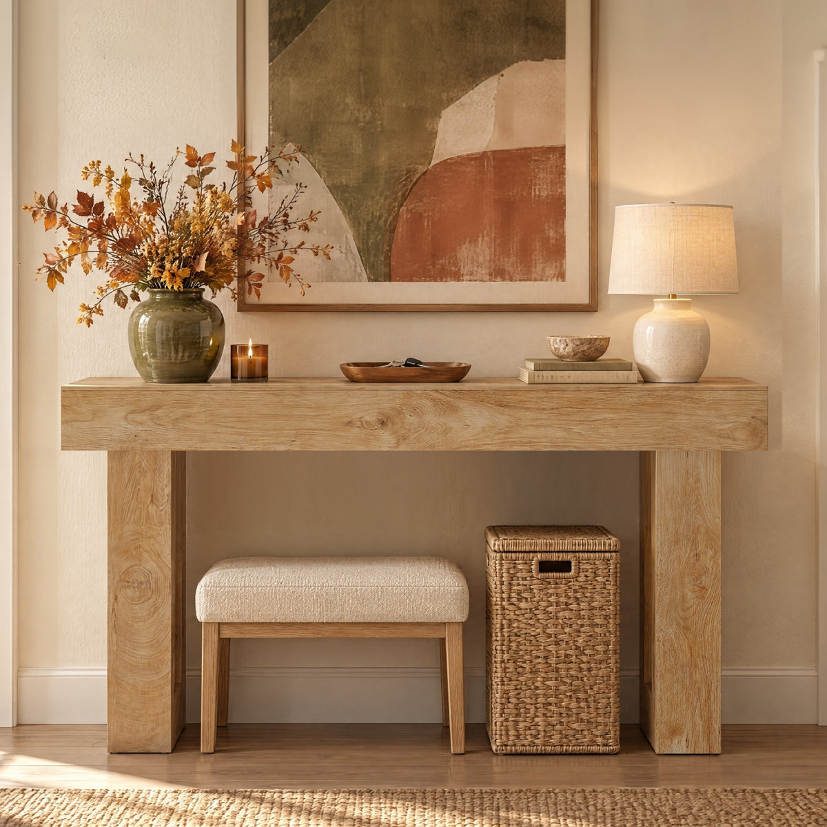 63" Rustic Sofa Table, Chunky Console Table for Entryway
