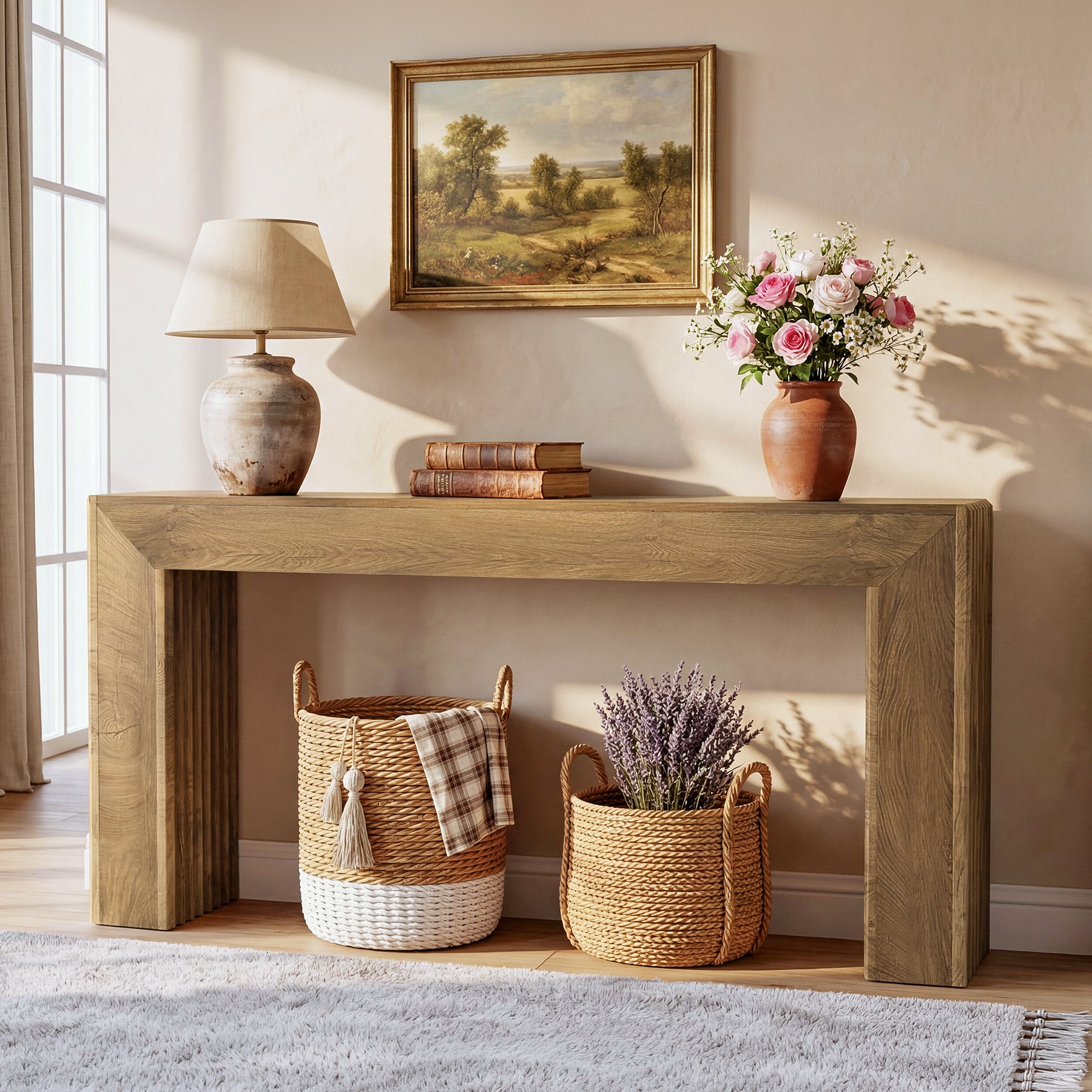 63" Fluted Console Table with Roman Column Legs, Narrow Farmhouse Entryway Sofa Table with Wood-Grain Finish