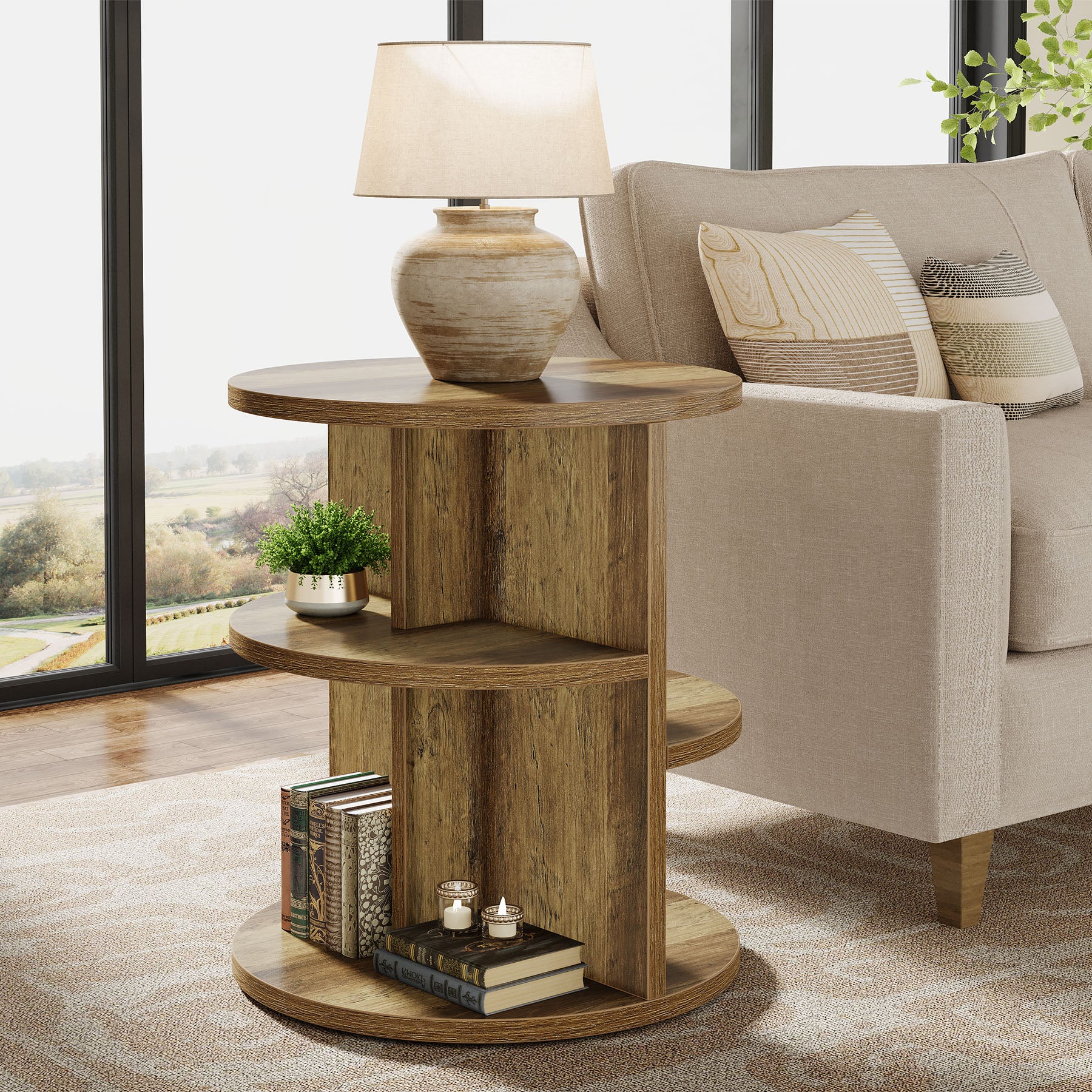 Round End Table, 23.6" Side Table with 3 - Tier Storage Shelf Tribesigns
