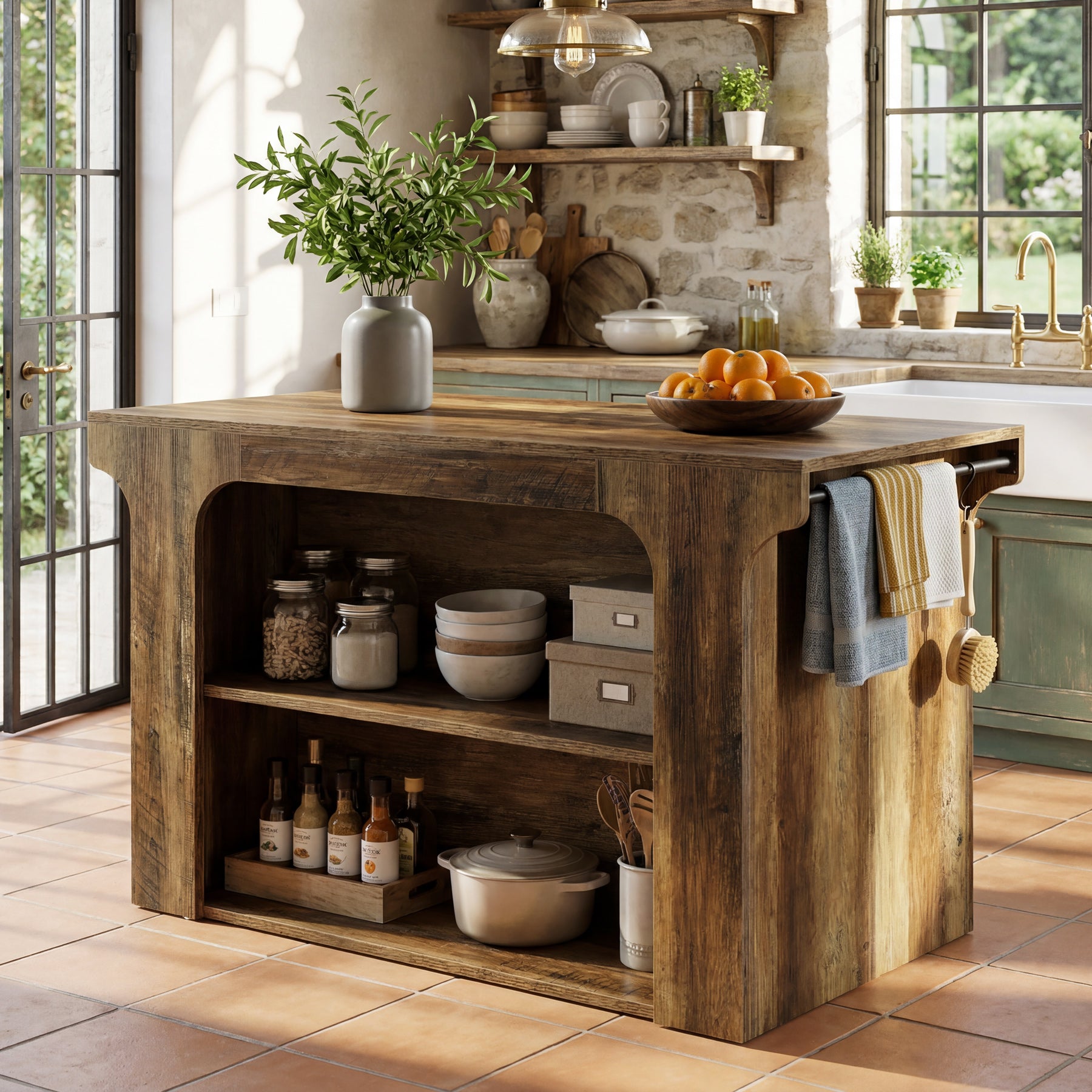 55" Wooden Kitchen Island, Stationary Dinner Prep Station with 2 Shelves