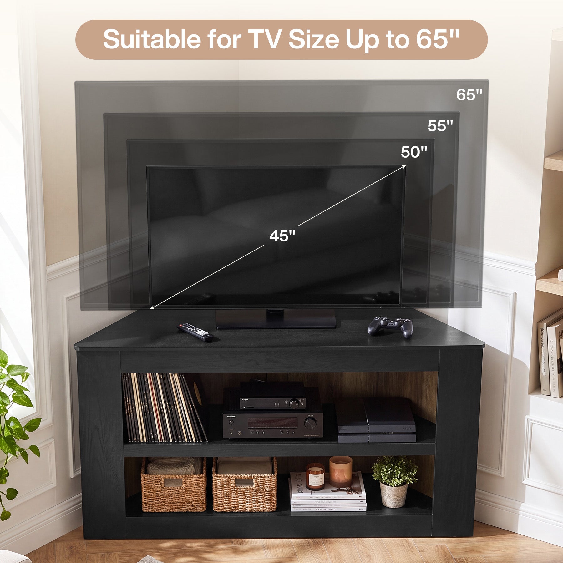 59" Corner TV Stand for 65" TV, Entertainment Center with 2-Tier Shelves, Living Room