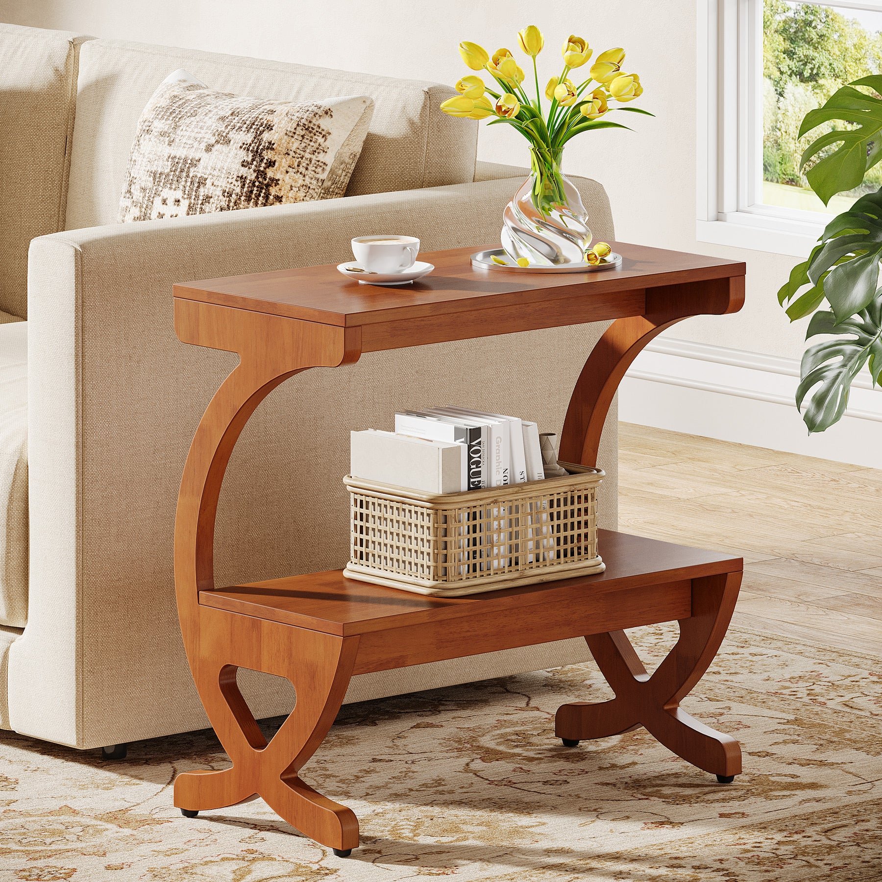 Solid Wood End Table, Narrow 2-Tier Side Table with Storage Shelf