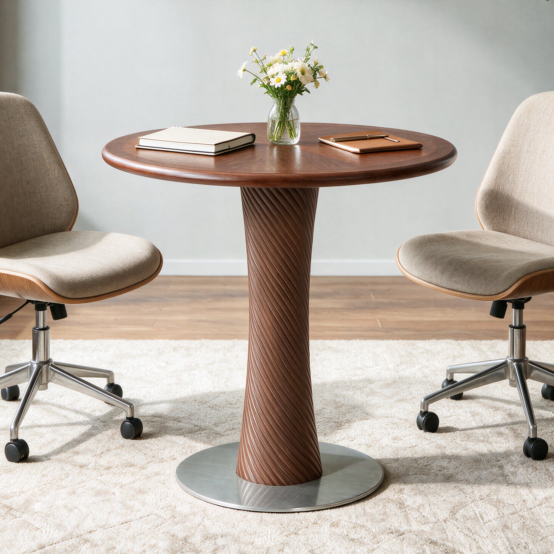 31.5” Solid Wood Conference Table, Round Meeting Table with Hourglass Pedestal for Home Office