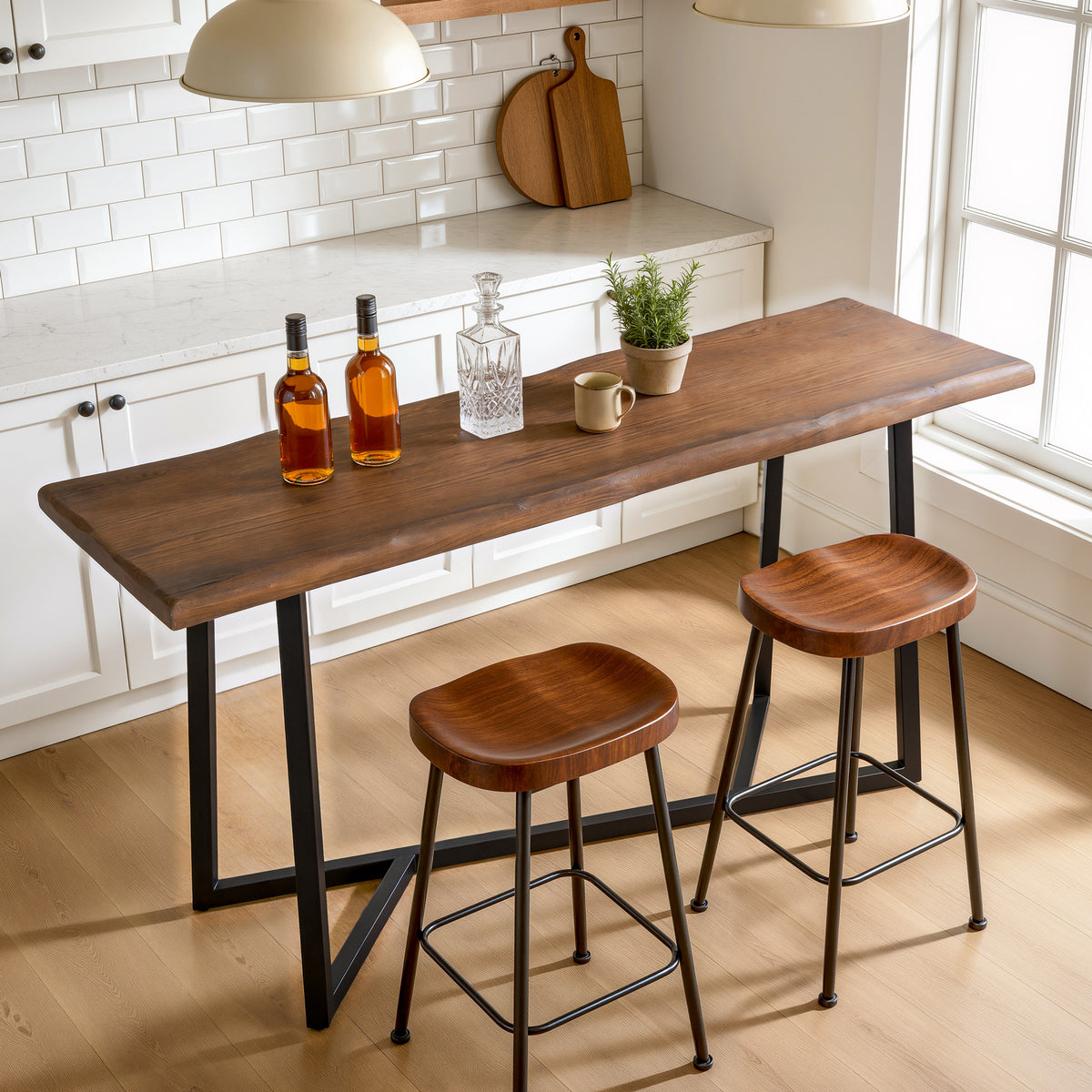 Solid Wood Bar Table, 63" Counter Height Pub Table with Metal Frame ...